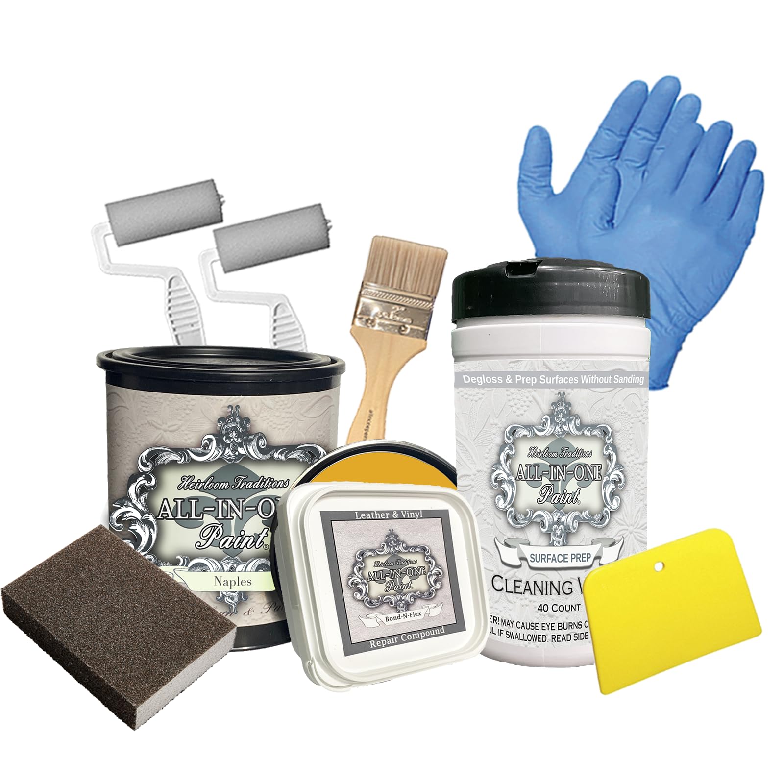 ALL-IN-ONE Paint, Bond-N-Flex Vinyl & Leather Repair Kit - Professional Furniture & Car Seat Restoration for Couches, Chairs, Auto Interiors | Naples
