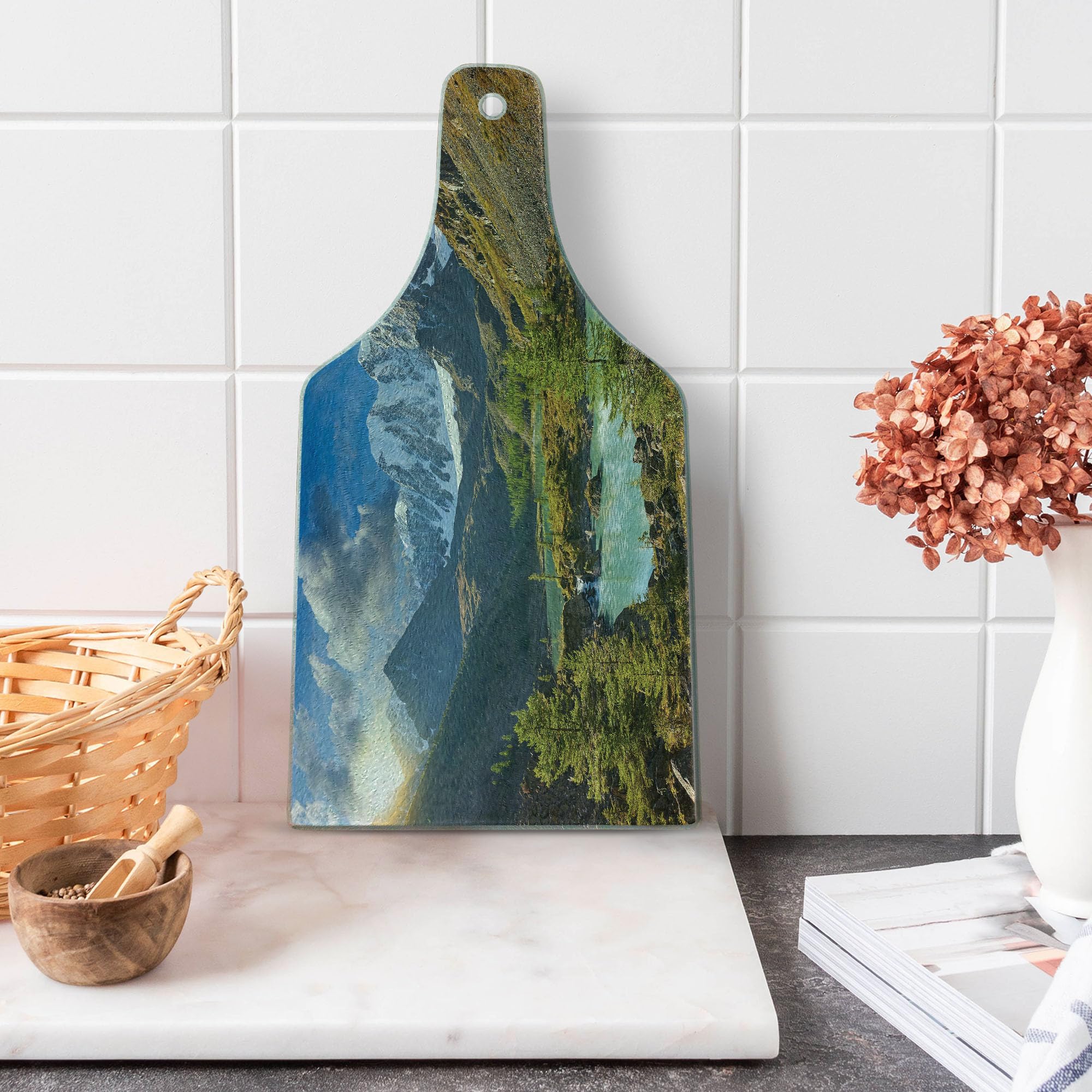 Lunarable Altai Mountains Chuya Ridge Lake Russia Siberia Sunbeams Morning Sky View Tempered Glass Cutting Board - Wine Bottle Shaped Serving Board in Brown Blue White - Perfect for Kitchen Decor, Charcuterie Display & Wine Pairing Parties