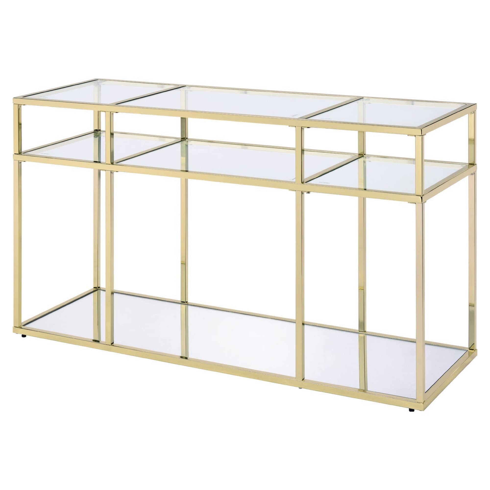 Benjara 3-Tier Gold Metal Sofa Table with Tempered Glass Shelves - Modern End Table for Living Room, Bedroom, or Office Decor