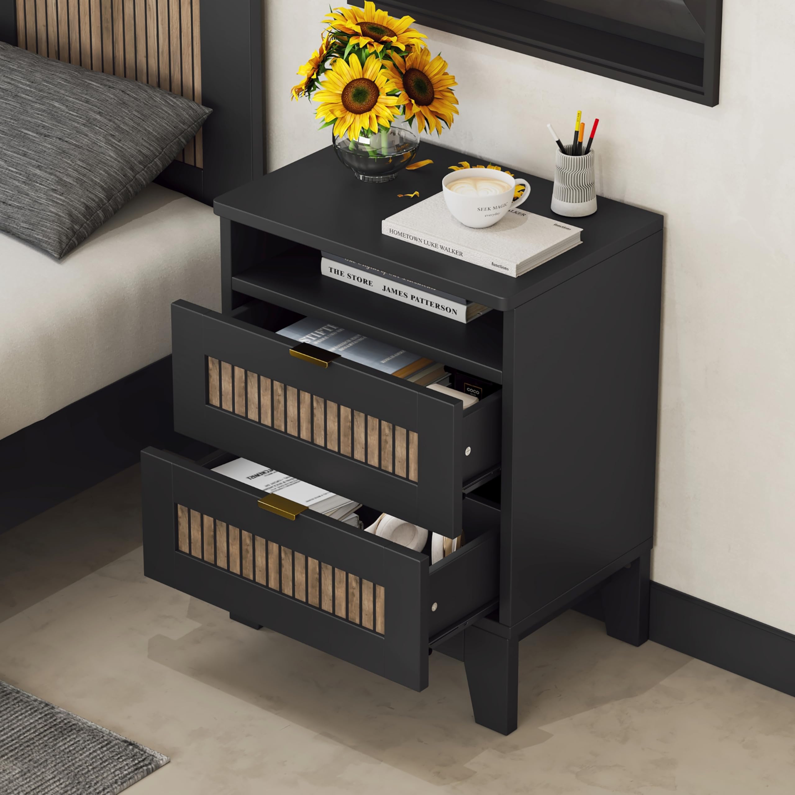 Farmhouse Queen Size Bedroom Set - 4-Piece Platform Bed with Wooden Strip Design, 2 Storage Nightstands & Dresser with Metal Handles, Black - Perfect for Rustic, Modern Farmhouse, or Industrial Style Bedrooms