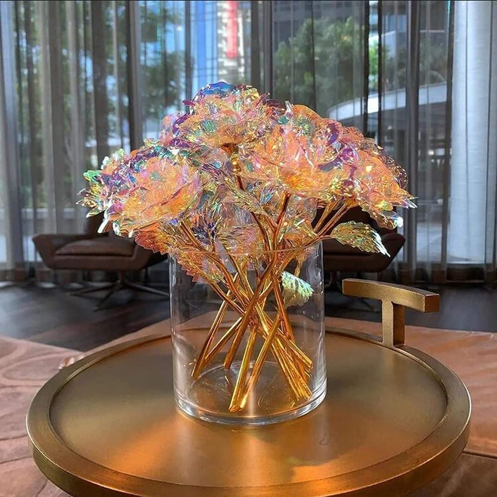 24K Gold Plated Rainbow Roses - 10pcs Artificial Flower Bouquet for Mother's Day, Birthday, Wedding Decorations | Perfect Gift for Women, Bridal Shower, Anniversary & Home Decor