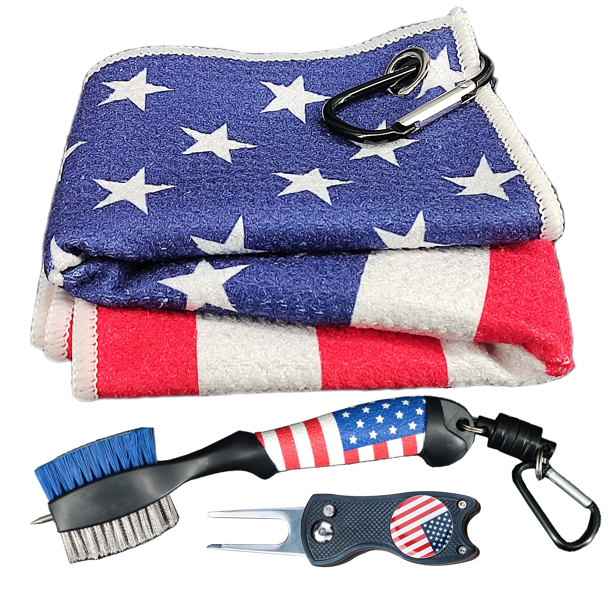 Premium Golf Club Brush & American Flag Golf Towel Set - Magnetic Golf Groove Cleaner Kit with Strong Magnet Stick for Golf Clubs & Bags | Perfect for On-Course Cleaning & Club Maintenance