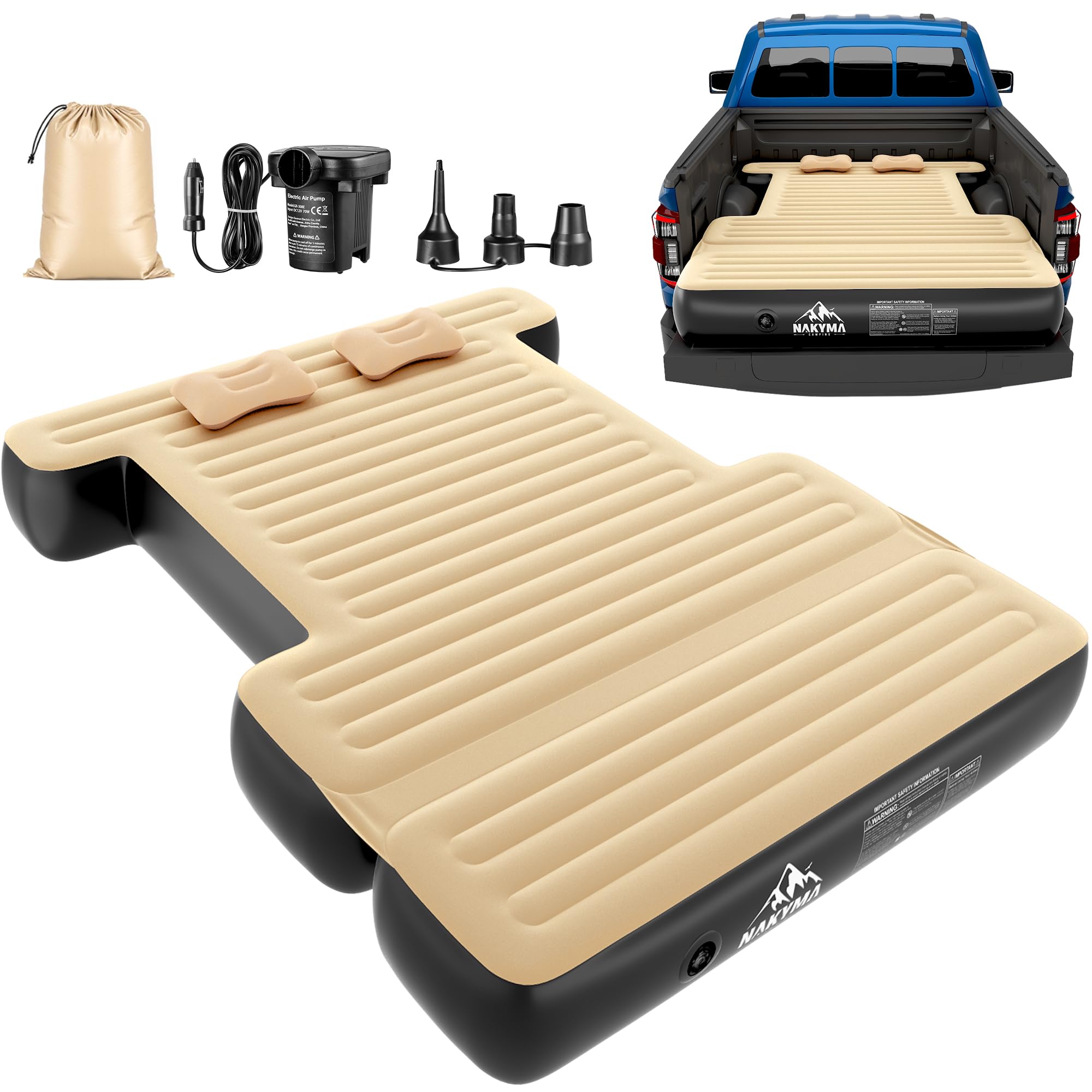 Upgraded Truck Bed Air Mattress for 5.5-5.8Ft Pickup Trucks - Full Size Inflatable Mattress with Extension Air Pump & 2 Pillows - Portable Carry Bag for Camping, Road Trips & Outdoor Adventures