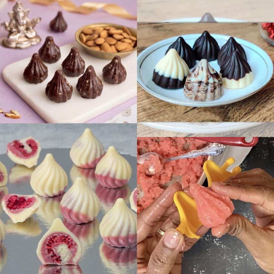 Premium Plastic Prasad Laddoo Spoons & 6-Cavity Silicone Modak Molds Set - Eco-Friendly Diwali Sweets Tools for Ganesh Chaturthi, Chocolate Filling, Mithai, Cake Decorating & Indian Festival Cooking