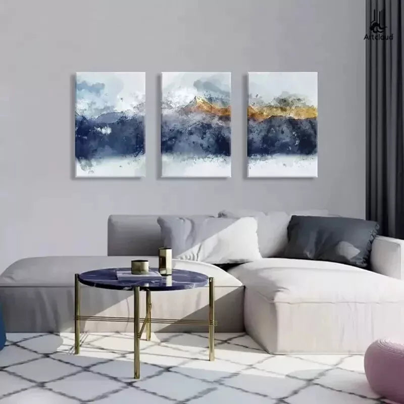 3-Piece Blue & Gold Abstract Mountains Wall Art Set - Framed Canvas Prints 50x70cm - High Quality Australian Made - Ready to Hang - Perfect for Living Room, Bedroom & Office Decor