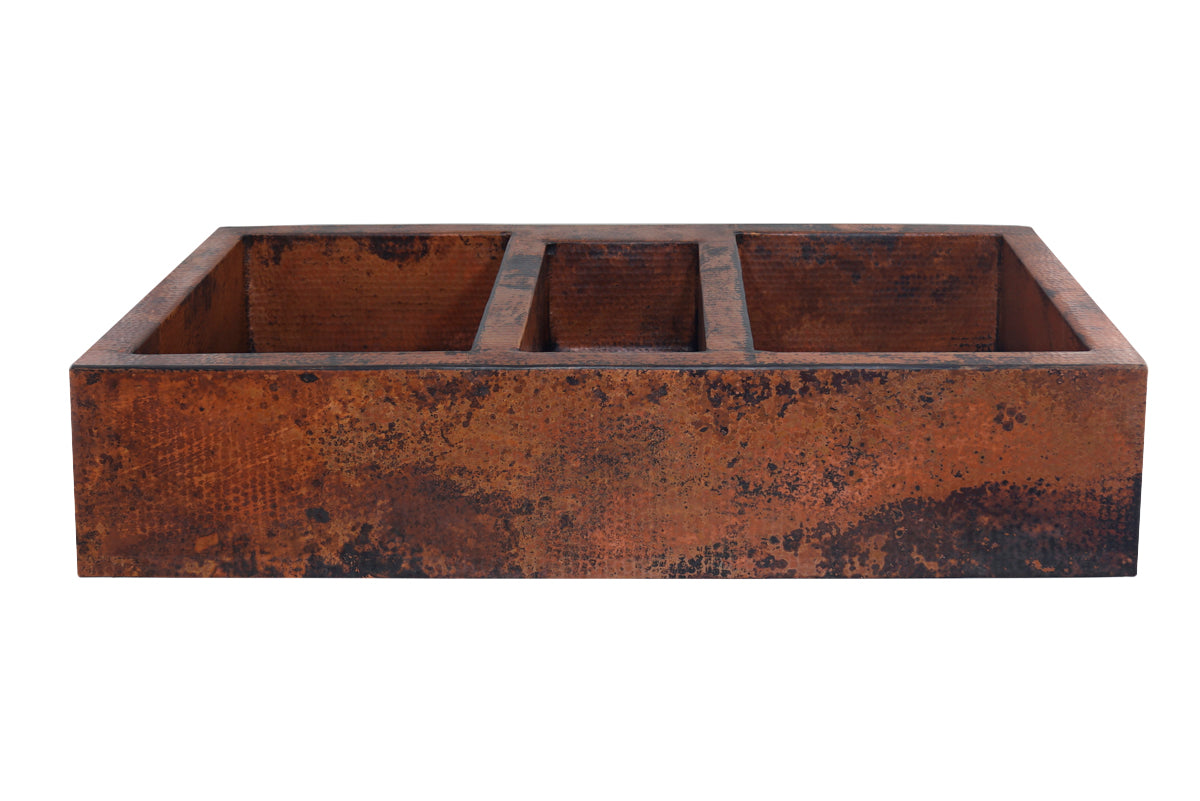 Extra Large Copper Farmhouse Sink with Triple Bowl - Vintage Style Kitchen Sink for Rustic & Modern Homes - Perfect for Cooking, Cleaning & Entertaining
