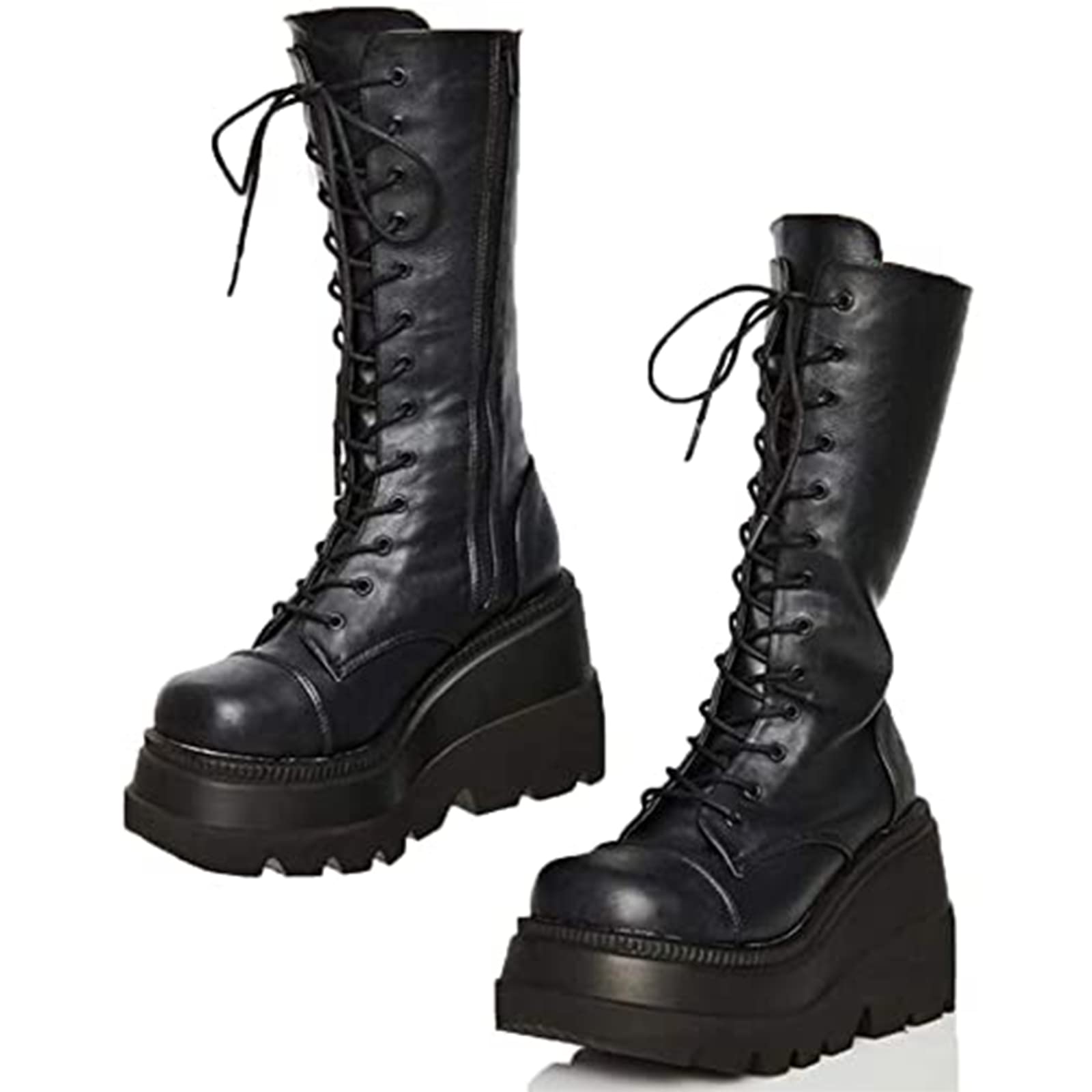 Erocalli Women's Platform Goth Boots - Wedge Heels Mid Calf Combat Motorcycle Boots for Gothic Fashion | Perfect for Halloween, Cosplay & Punk Outfits