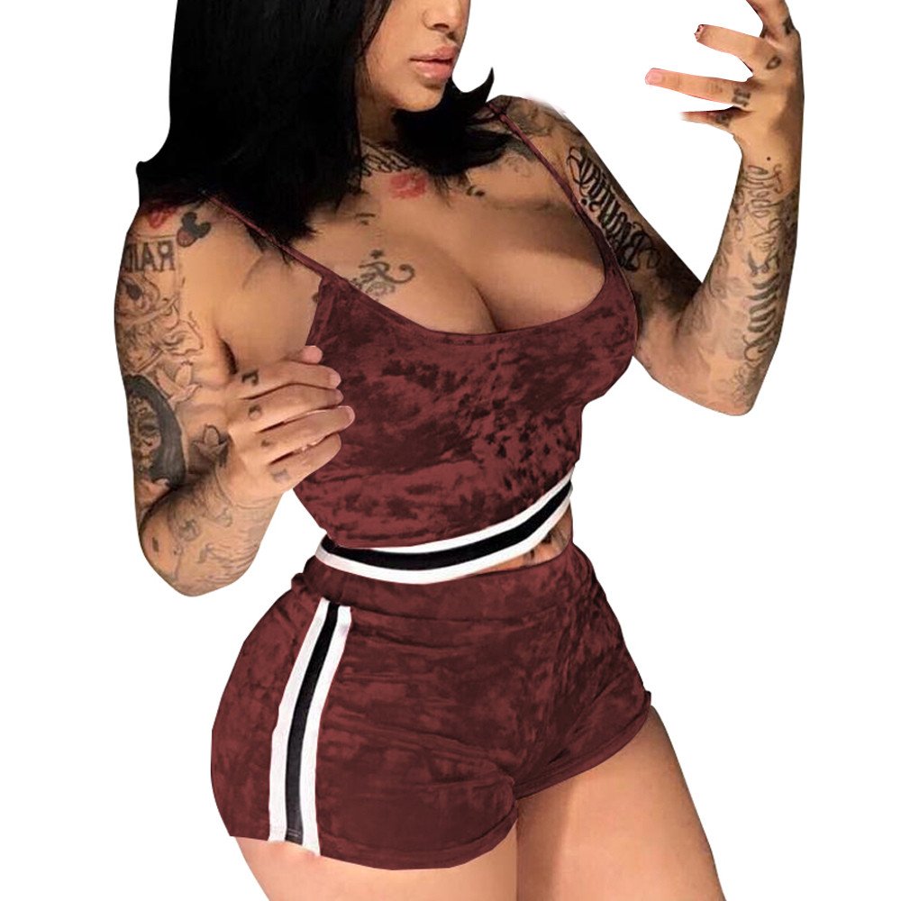 Women's Velvet Romper Two Piece Outfit - Spaghetti Strap Crop Top & Shorts Set | Summer Jumpsuit for Gym, Beach, Party & Casual Wear