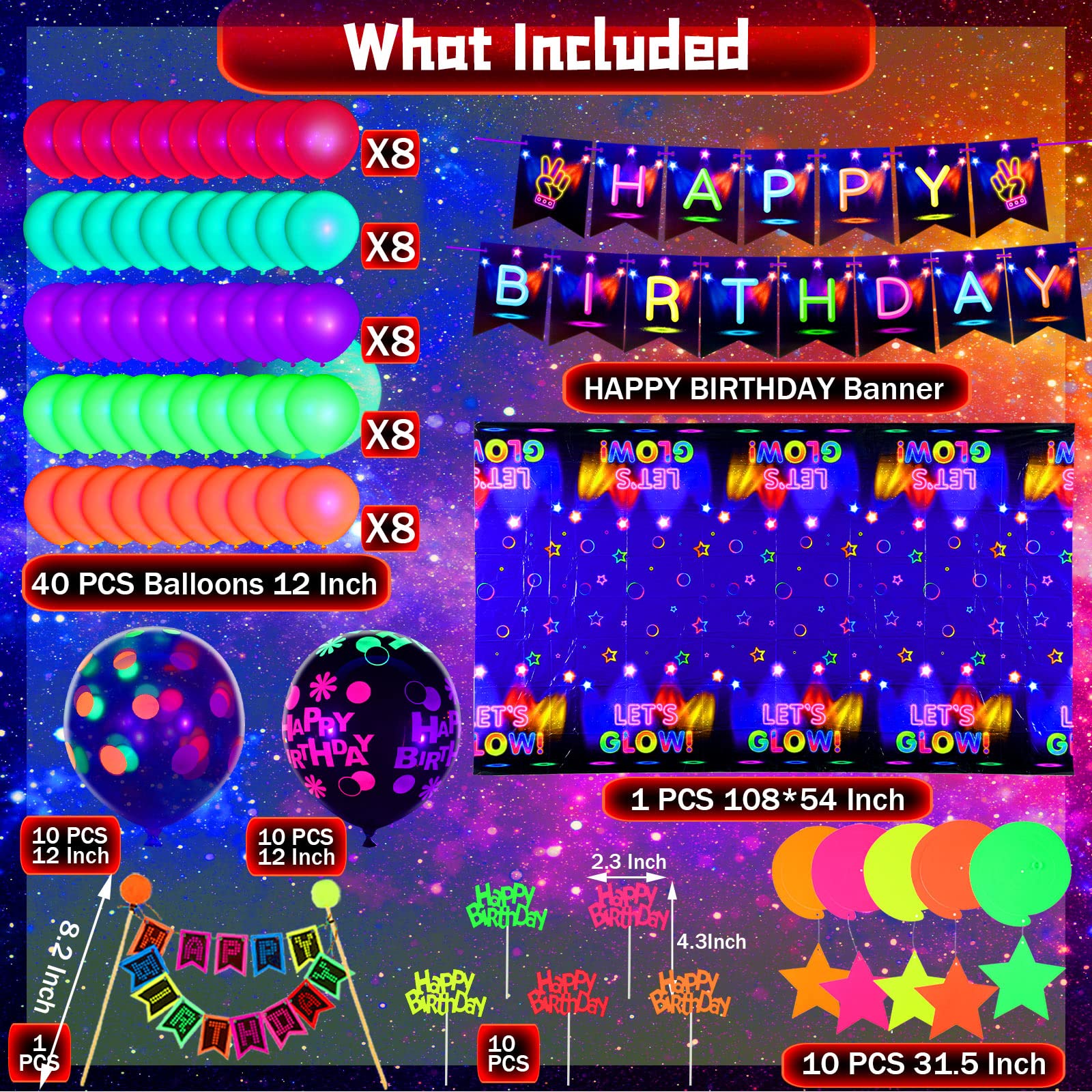 Zhanmai Glow in the Dark Party Decorations Set - Neon Balloons, Fluorescent Birthday Banner, Blacklight Tablecloth, Hanging Stars & Cake Toppers for Glow Parties, Halloween Decorations & Birthday Celebrations - Perfect for Nighttime Events, Rave Parties & UV Light Themed Occasions