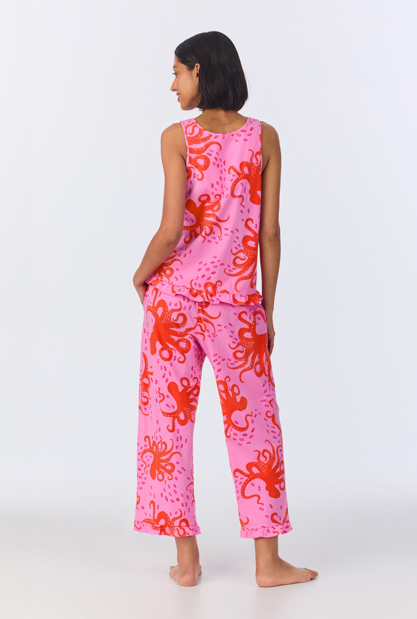 Sea Dreamers Ruffle Tank Stretch Cropped Pajama Set - Soft & Comfortable Sleepwear for Women, Perfect for Lounging, Bedtime & Vacation Wear