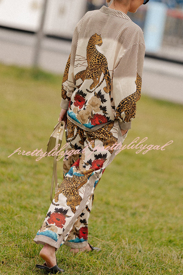 Exotic Leopard Print Patchwork Button Down Oversized Blouse for Women - Stylish Boho Chic Top for Casual Outings, Parties & Date Nights