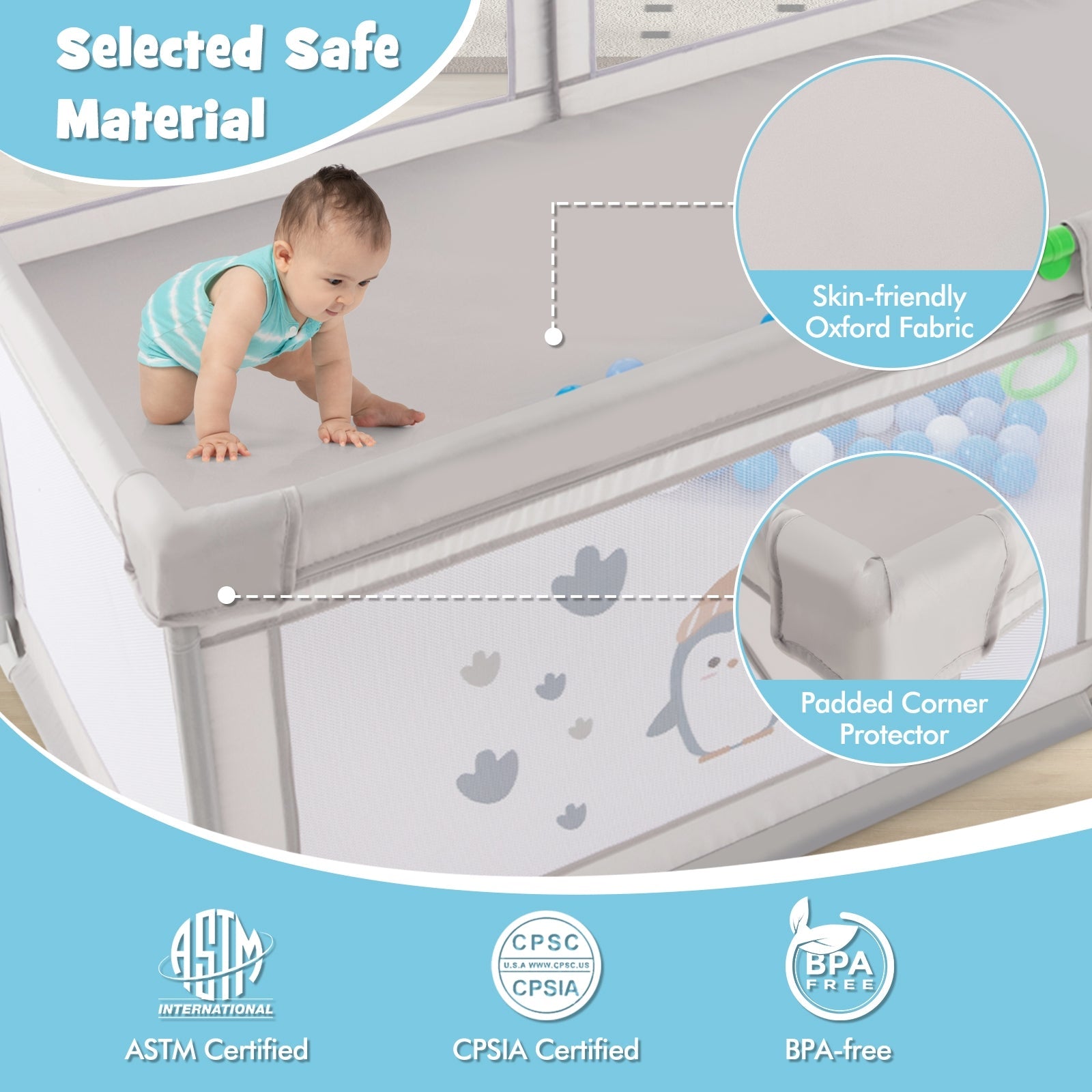Large Baby Playpen with Pull Rings, Ocean Balls & Cute Penguin Pattern - Safe Play Area for Toddlers at Home or Daycare