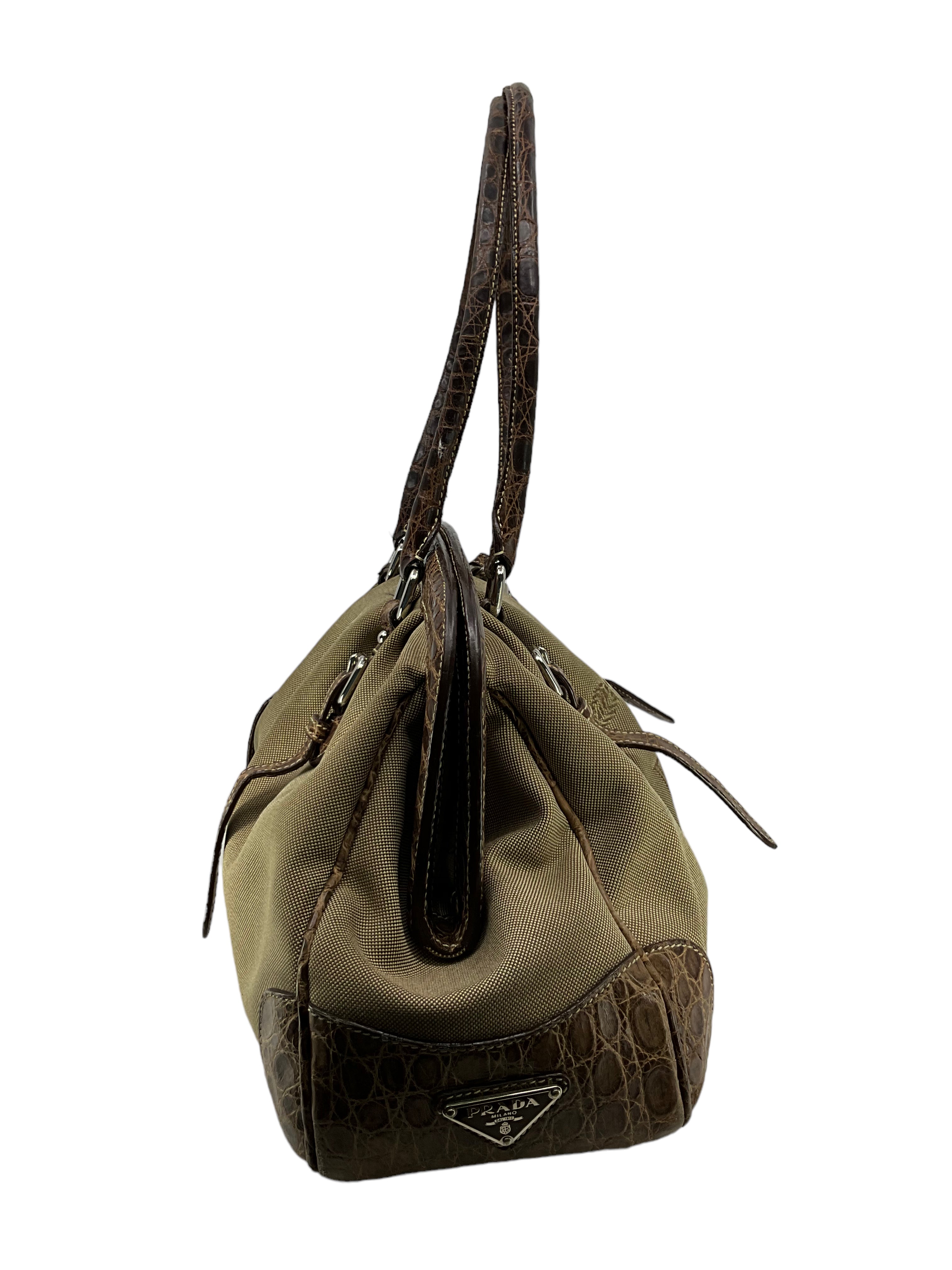 Prada Handbag for Women - Brown Crocodile Leather & Canvas Designer Shoulder Bag | Luxury Fashion Accessory for Work, Party & Everyday Use
