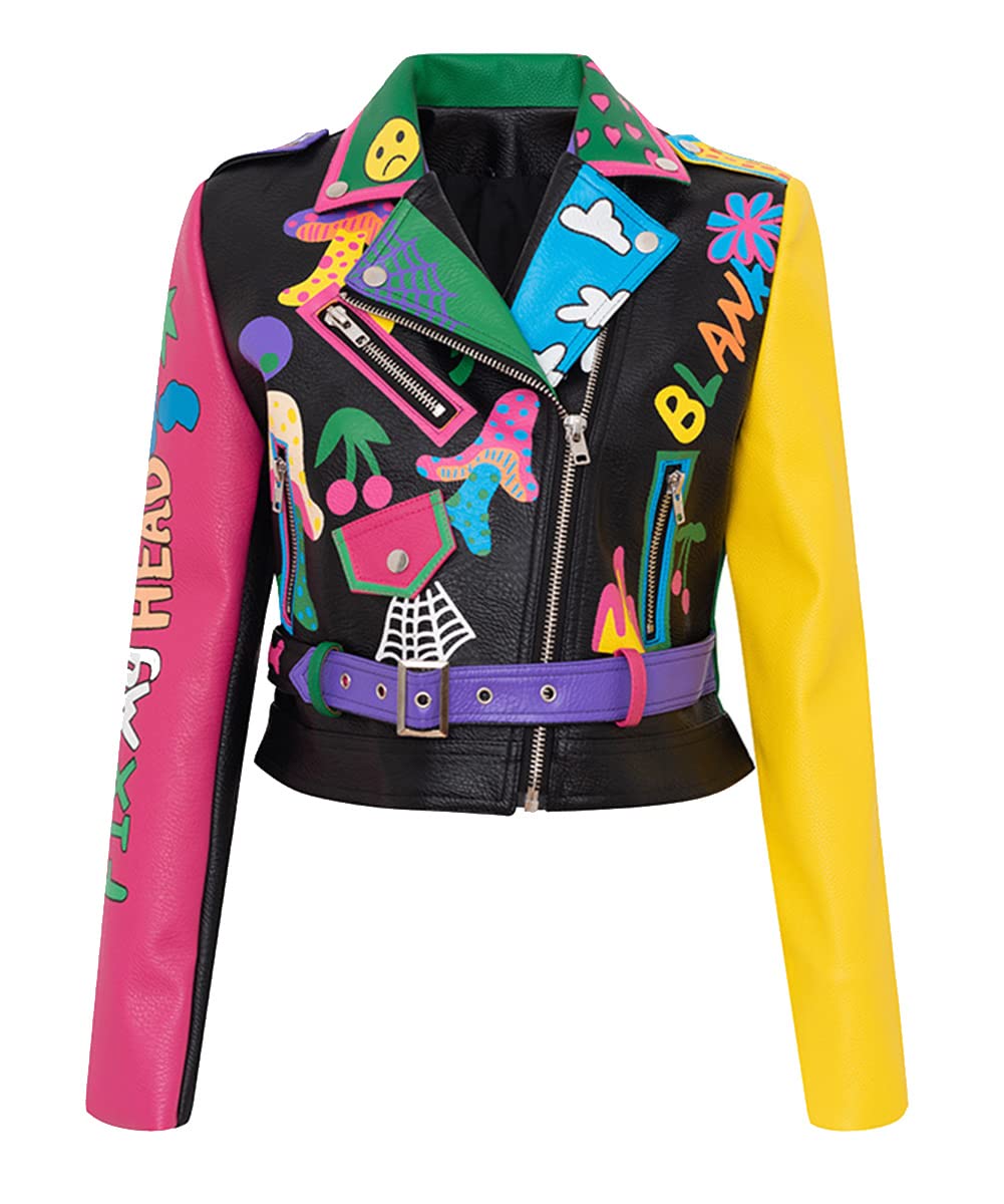 Women's Faux Leather Cropped Jacket with Cartoon Print - Punk Rock Lapel Coat for Casual Outfits & Streetwear Fashion
