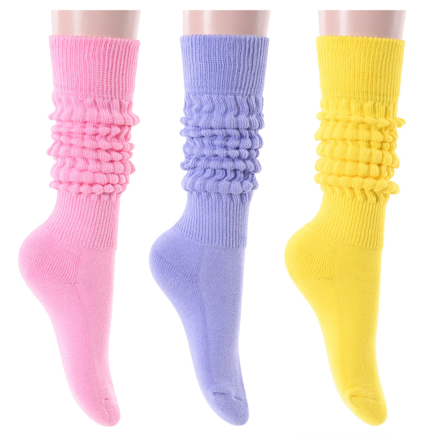 Women's Slouch Socks - White & Black Scrunch Stacked Socks, Pink & Yellow Long High Boot Socks for Women & Girls - Perfect for Casual Wear, Boot Pairing and Fashion Outfits