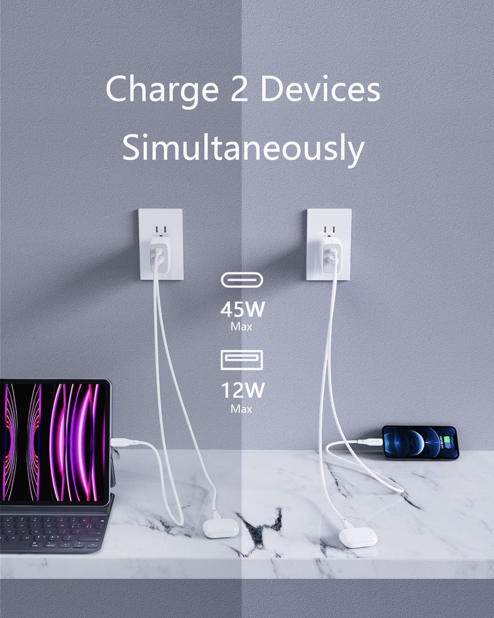 65W USB-C GaN Fast Charger with 6.8FT Soft Silicone Cable - PPS PD 3.0 Foldable Travel Wall Charger for MacBook Pro/Air, iPhone 15/14 Pro Max, iPad, AirPods, Samsung Galaxy S24/S23/S22 - Perfect for Home, Office & Travel Charging