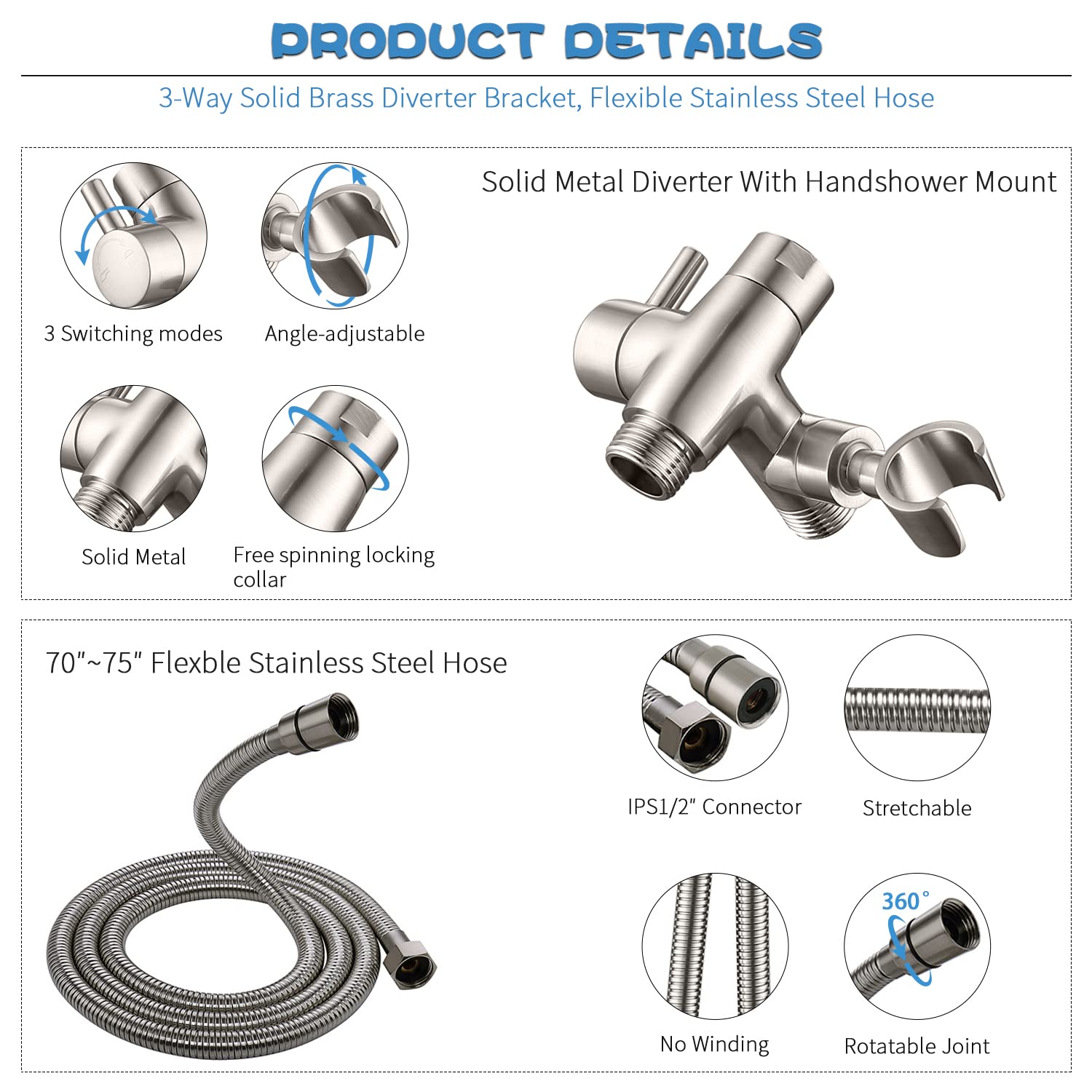 Premium All-Metal Shower Faucet Set - Dual Square Shower Head System with Handheld Spray Wand & Rainfall Showerhead, Diverter Valve, 60