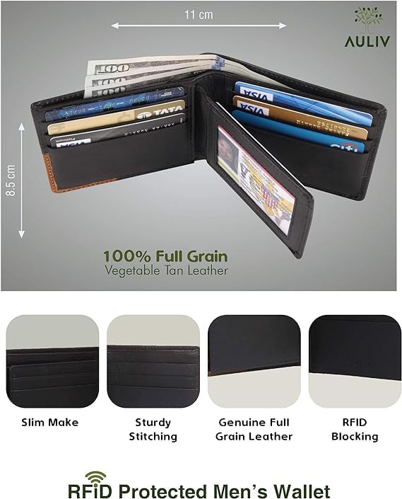 AULIV Genuine Full Grain Vegetable Tanned Leather Bifold Wallet for Men - Slim RFID Blocking Design with ID Window & 8 Credit Card Slots - Perfect Men's Gift (Black) - Ideal for Everyday Carry, Business, Travel & Gifting