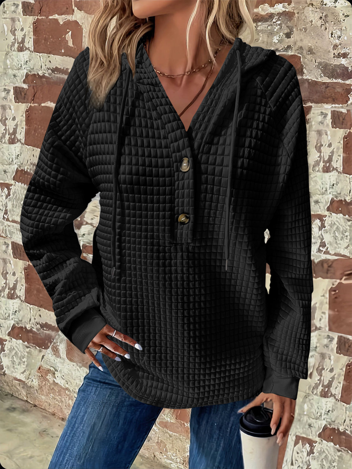Full Size Textured Button Detail Drawstring Long Sleeve Hoodie for Men & Women - Cozy Casual Wear for Fall Winter Outdoor Activities