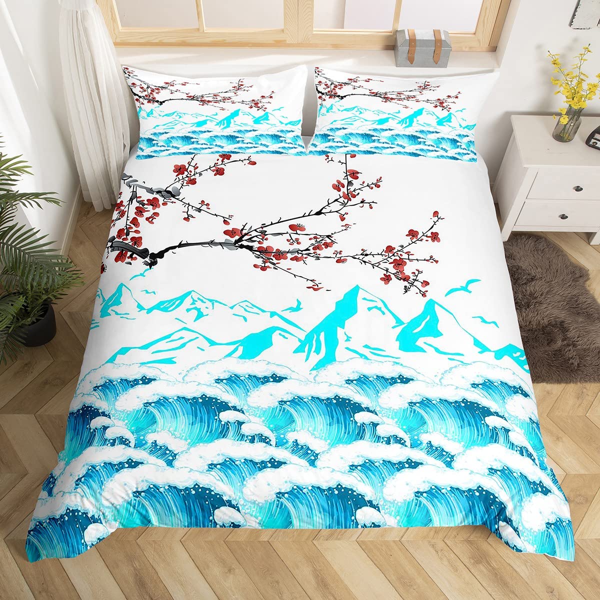 Erosebridal Cherry Blossom Duvet Cover Set - Twin Size Japanese Floral Bedding with Fuji Mountain & Sea Waves Design, Kawaii Ukiyoe Style Bedclothes for Kids Room Decor | Perfect for Spring Themed Bedrooms & Asian Inspired Home Decor