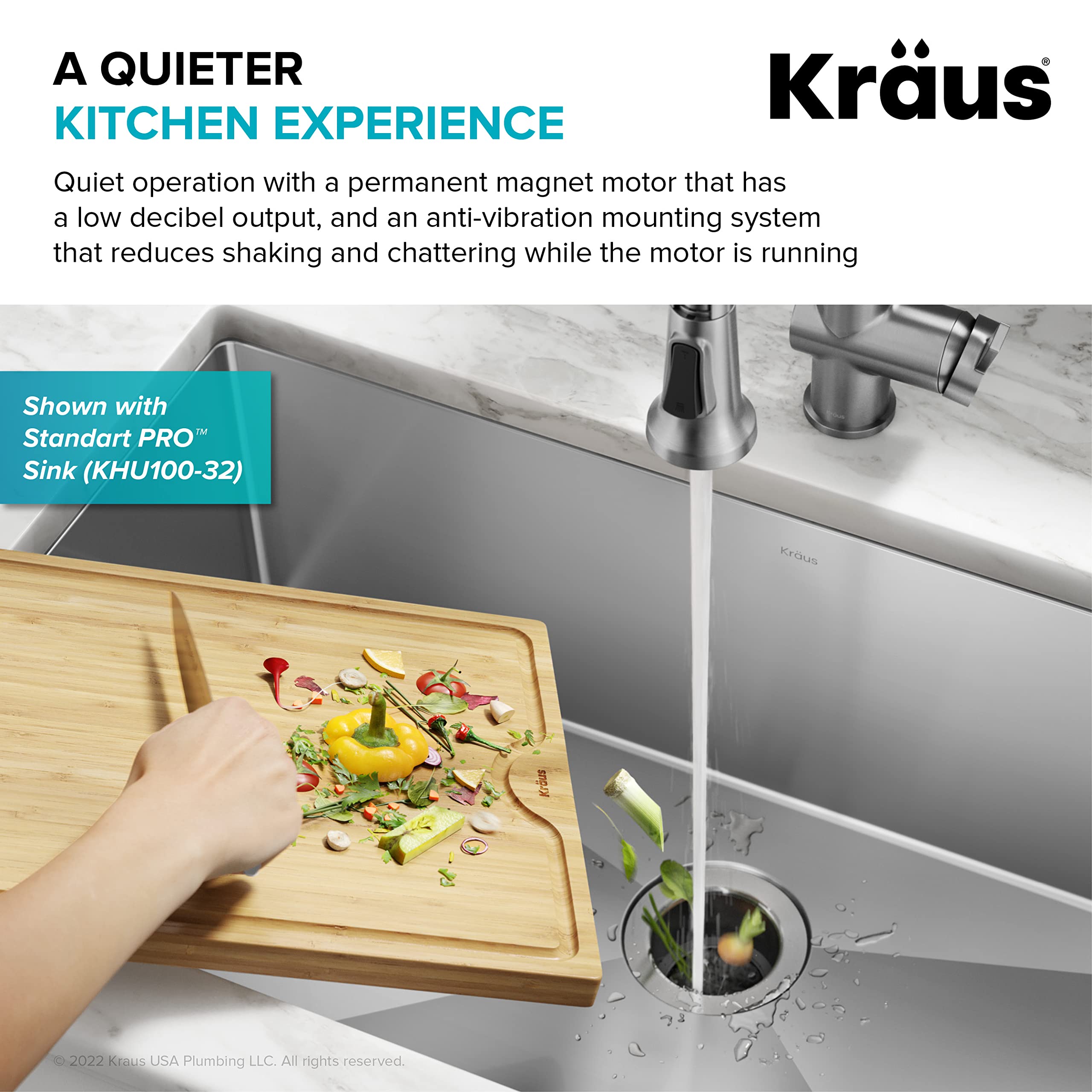 KRAUS WasteGuard 1/3 HP Continuous Feed Ultra-Quiet Garbage Disposal with Quick Connect Mount - Includes Power Cord & Flange (KWD100-33MBL) - Perfect for Kitchen Sink Waste Disposal & Food Scrap Recycling