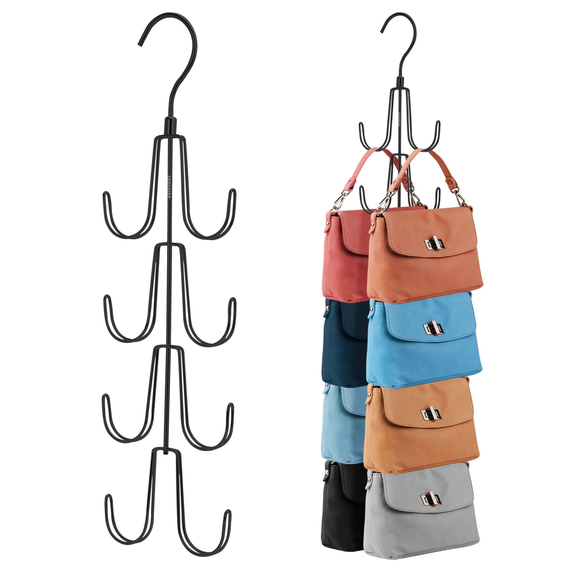 ZEDODIER 2-Pack Rotatable Purse Hanger Organizer - Metal Handbag & Backpack Storage Hook for Closet - Space Saving Bag Holder to Keep Purses Visible & Protected (Black) - Perfect for Bedroom, Walk-in Closet & Dorm Organization