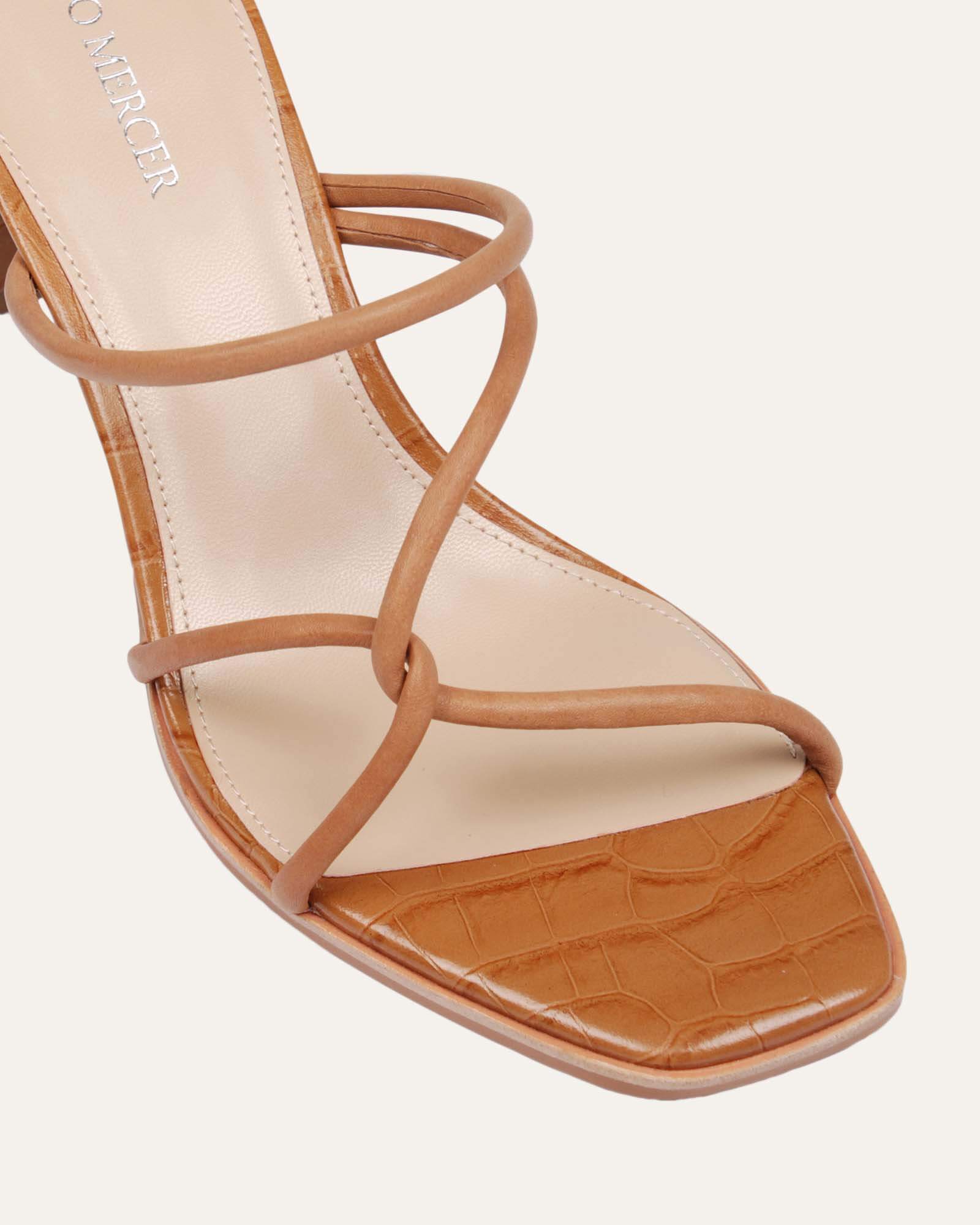 NOVI Women's Mid Heel Sandals - Tan Leather Comfortable Dressy Summer Shoes for Weddings, Parties & Office Wear