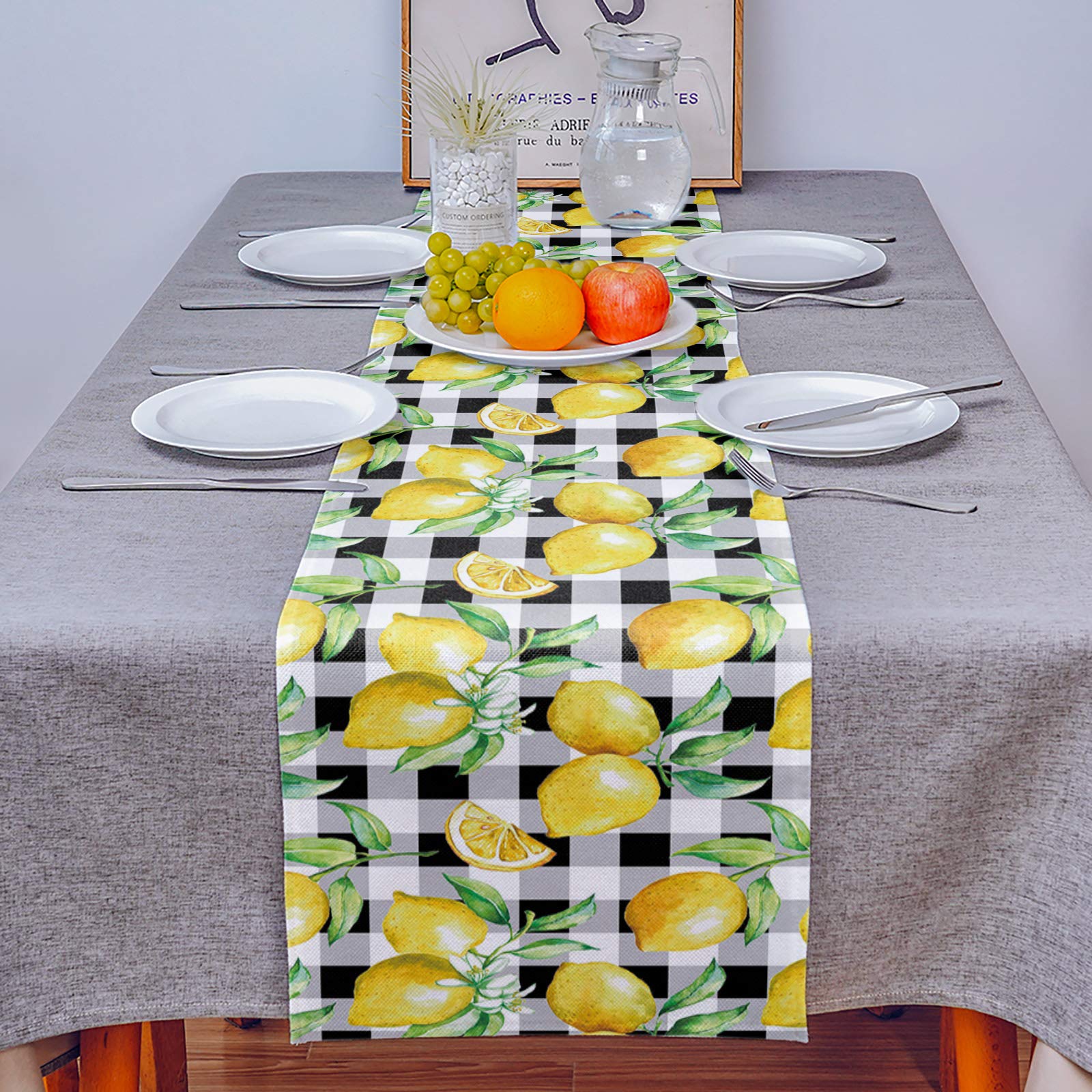 Lemon Pattern Table Runner 13x70 Inch - Yellow Lemon Buffalo Plaid Cotton Linen Tablecloth for Dining Table, Wedding, Party & Holiday Decor - Perfect for Farmhouse Kitchen, Rustic Dining Room & Seasonal Home Decoration