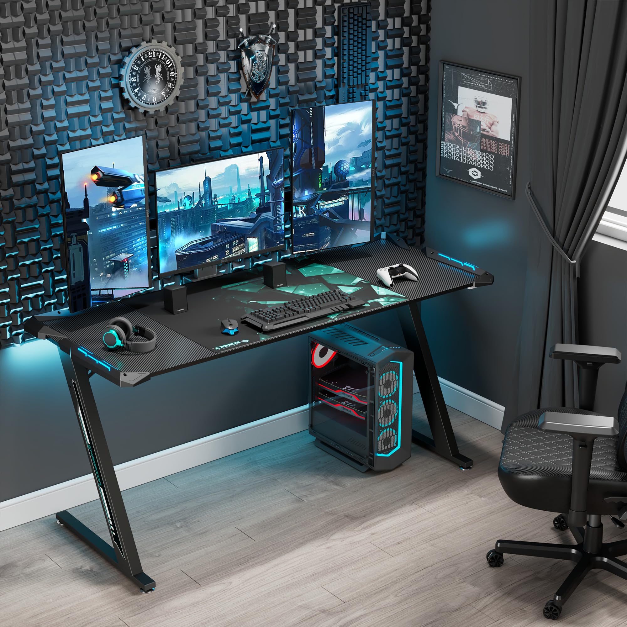EUREKA ERGONOMIC Z-Shaped LED Gaming Computer Desk - 60 Inch Large Black PC Gaming Table with Mouse Pad | Perfect for Home Office, Streaming Setup & Esports Gaming