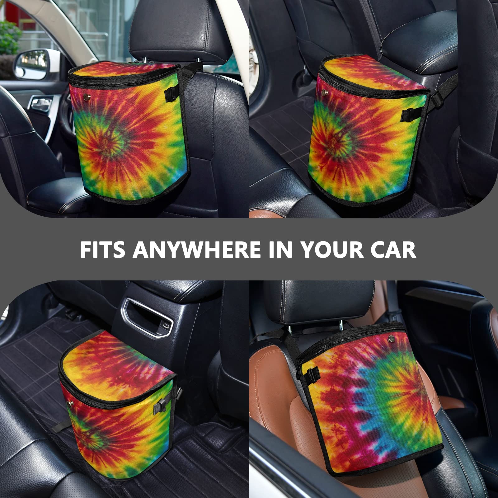JUNZAN Tie Dye Swirl Car Trash Can - Leakproof Hanging Trash Bag with Lid for Minivan, Truck, Van & SUV - Cute Auto Garbage Bin for Women - Perfect for Road Trips, Commuting & Keeping Your Vehicle Clean