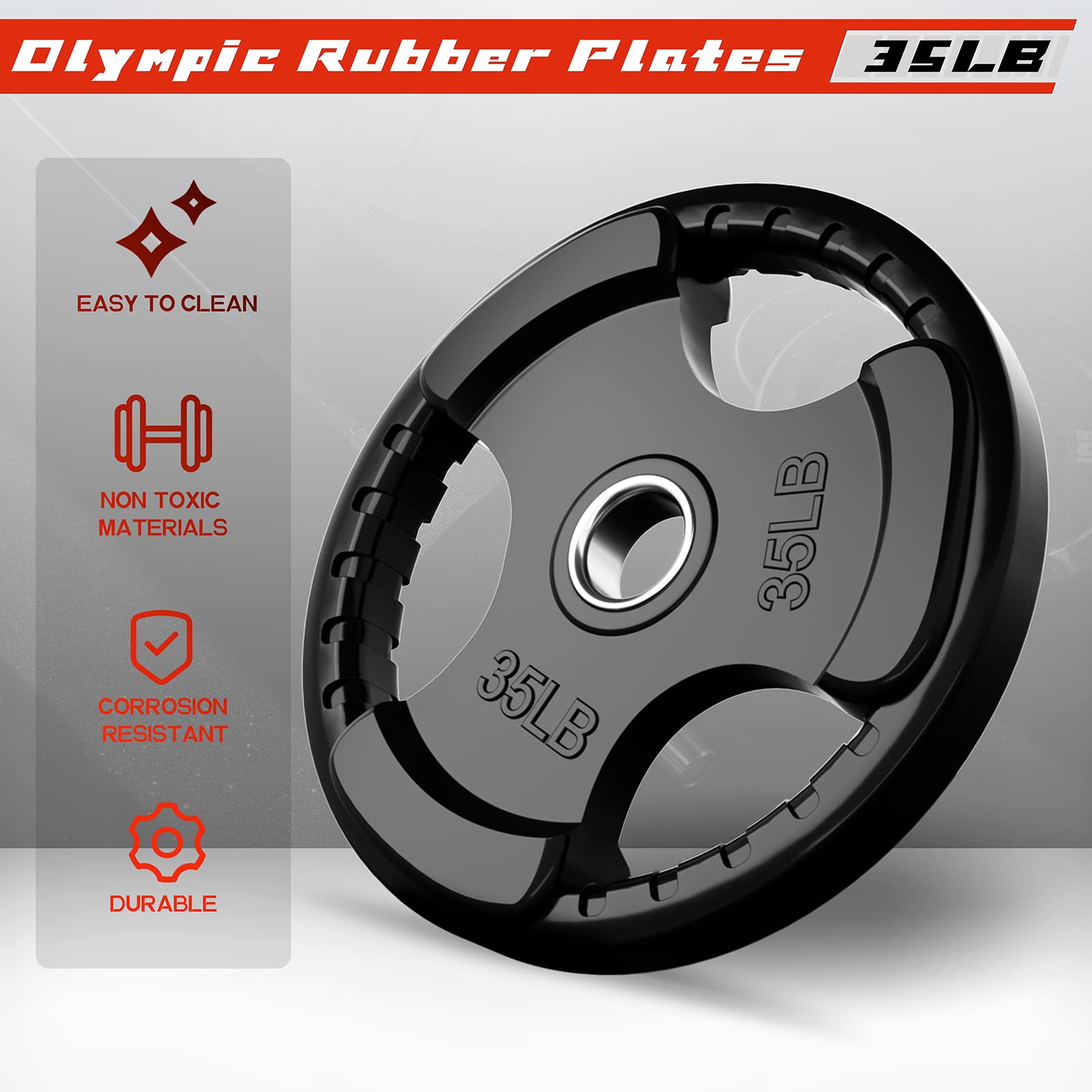 RitFit Olympic Rubber Grip Plates for Barbell - 2-Inch Weight Plates (2.5/5/10/25/35/45 LB) - Durable Home & Gym Weightlifting Equipment for Strength Training - Available as Single, Pair or Complete Sets - Perfect for CrossFit, Powerlifting and Home Workouts