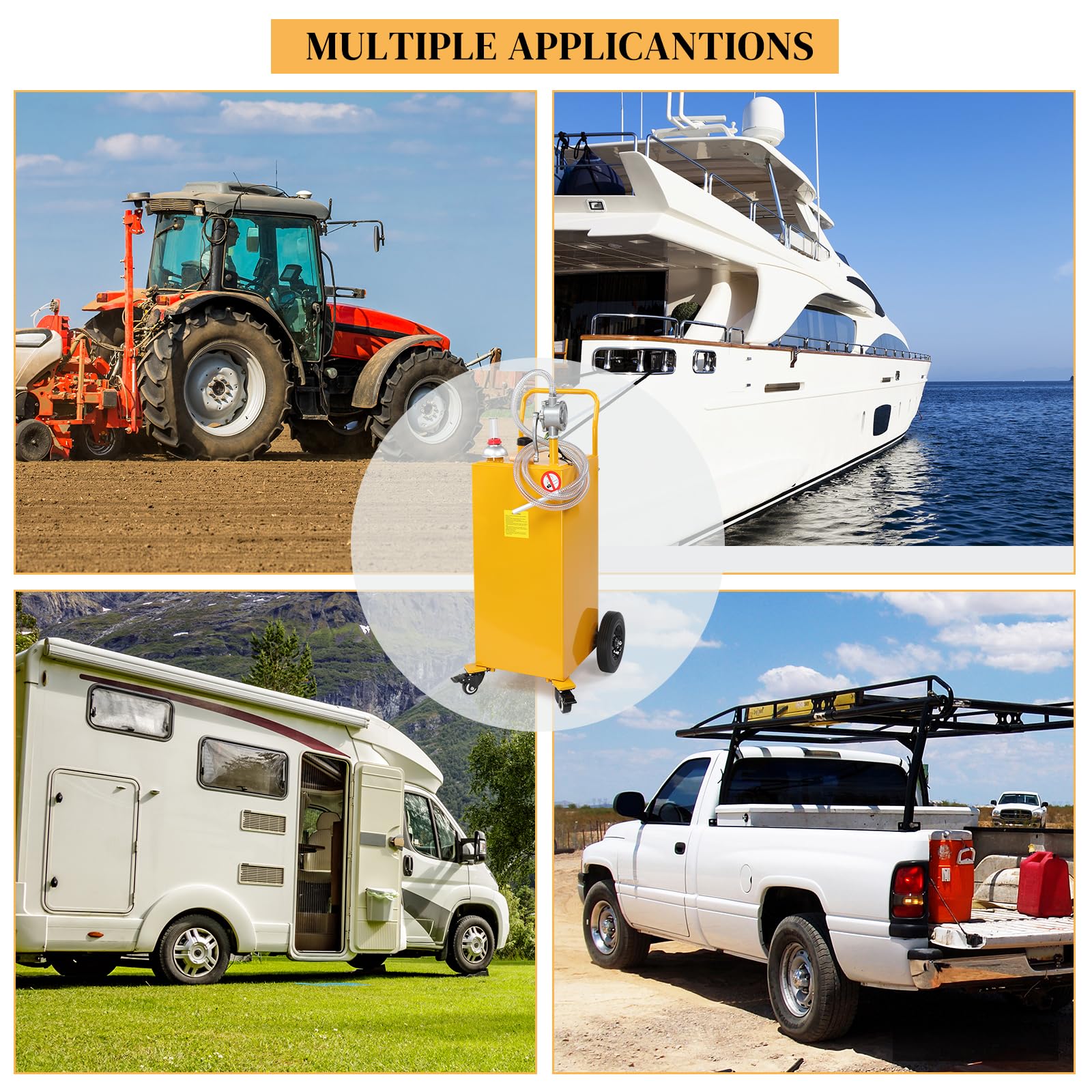 AutoForever 30-Gallon Oil Transfer Tank - Heavy Duty Diesel Fuel & Kerosene Storage Container with Flat-Free Solid Rubber Wheels - Perfect for Boats, ATVs, Cars, Motorcycles & Farm Equipment - Yellow