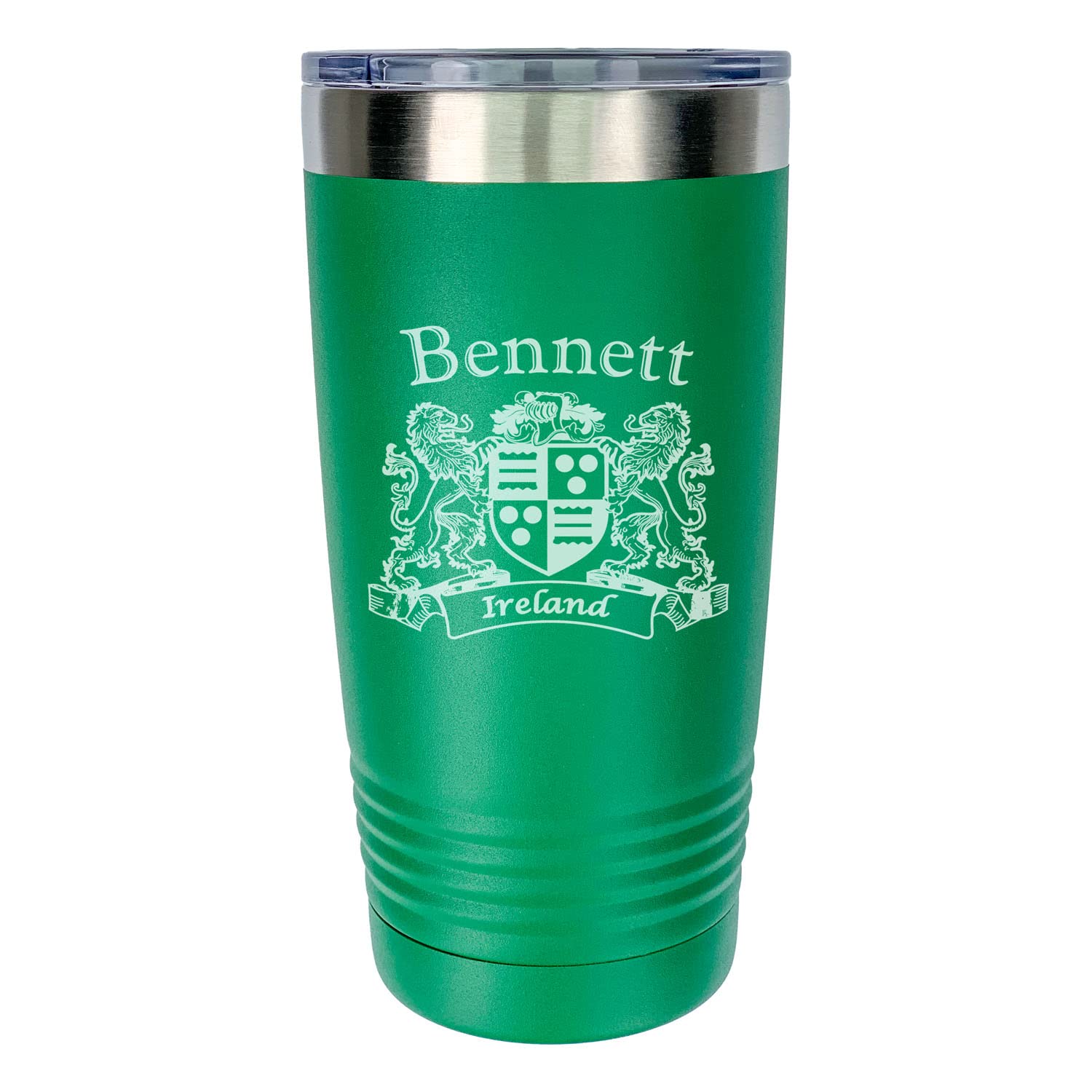 Bennett Irish Coat of Arms Stainless Steel Green Travel Tumbler - 20oz Insulated Coffee Mug for Hot & Cold Drinks - Perfect for Camping, Hiking, Office & Daily Commute