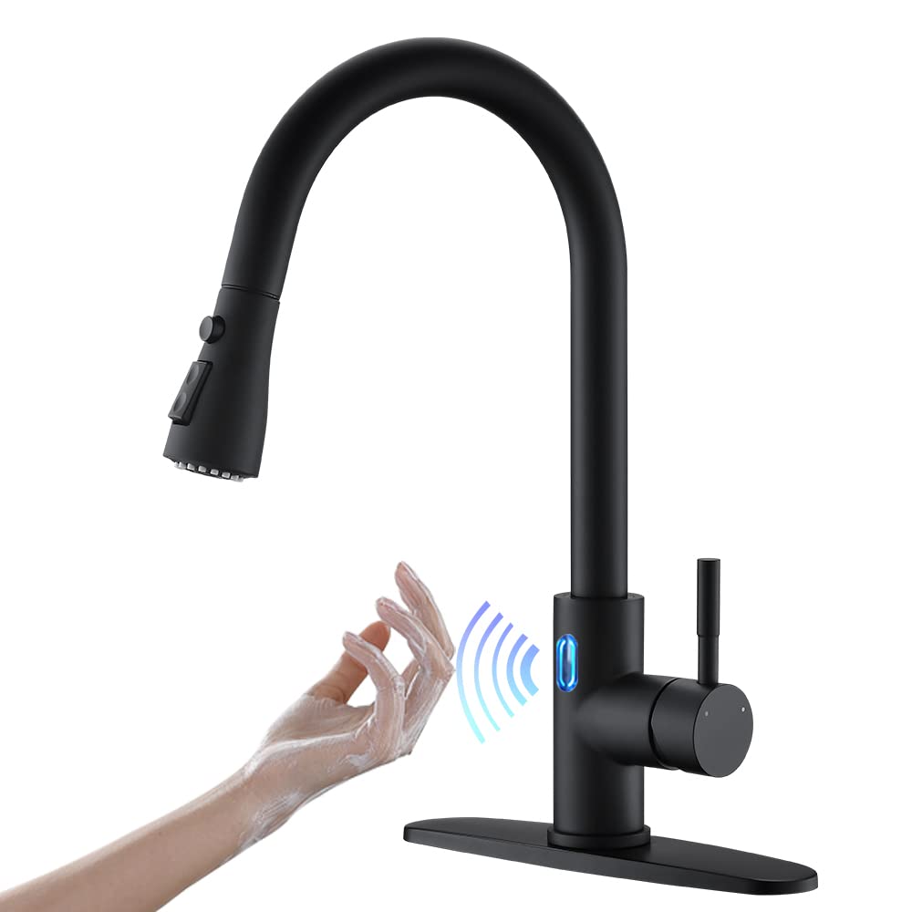 OWOFAN Touchless Kitchen Faucet with Motion Sensor | Hands-Free Pull Down Sprayer with LED Light | Single Handle Stainless Steel Black Sink Faucet (Model 1072R) | Perfect for Modern Kitchens, Food Prep & Hygienic Cooking