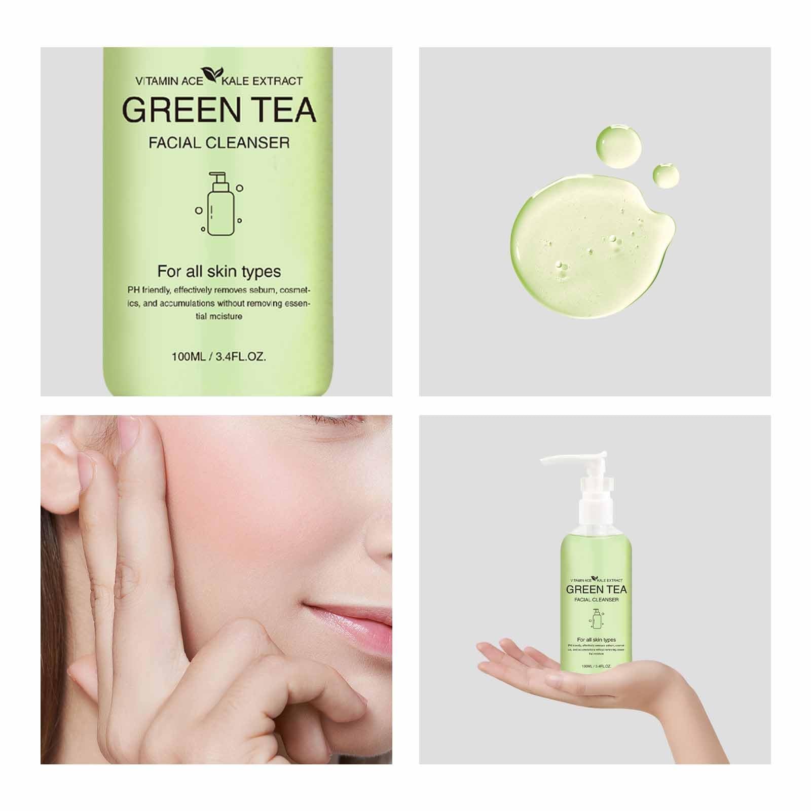 Natural Vegan Green Tea & Kale Facial Cleanser - Gentle Moisturizing Daily Face Wash for Deep Cleansing, Makeup Removal & Pore Minimizing | Perfect for Sensitive Skin & Daily Skincare Routine (1pc)