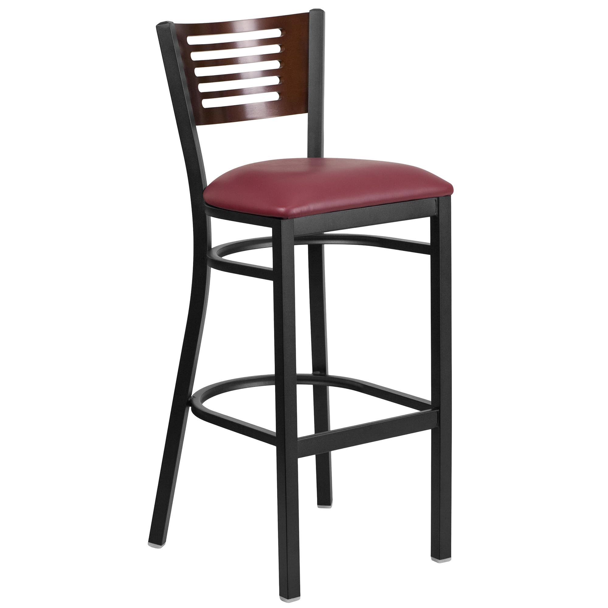 Flash Furniture HERCULES Series Black Slat Back Metal Bar Stool - Walnut Wood Back, Burgundy Vinyl Seat for Restaurant, Kitchen Island & Home Bar Use