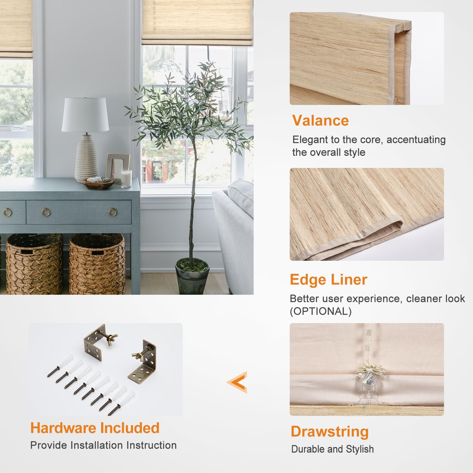 Persilux Cordless Roman Shades for Windows - Linen Natural Fabric Window Blinds with Privacy Liner (Blocks 60%-80% Light) - Beige Home Kitchen Door Shades - 35