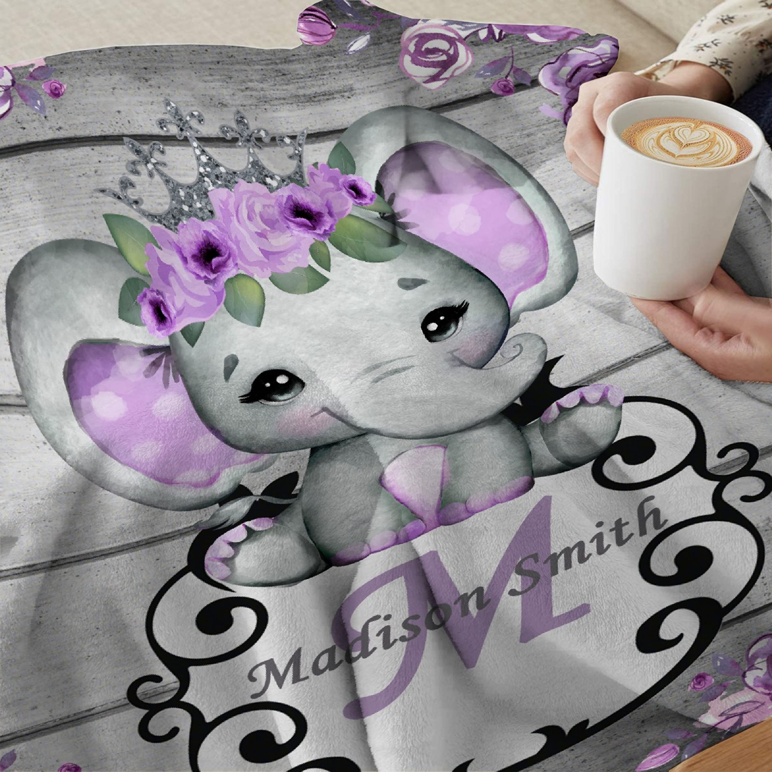 Personalized Baby Blanket with Name - Purple Floral Elephant Design Custom Fleece Blanket for Boys & Girls | Baby Shower, Birthday Gift for Daughter, Granddaughter, Niece | 120x90 Inch Large Soft Blanket for Nursery, Stroller, Travel & Family Cuddles
