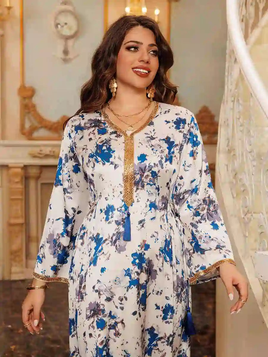 Elegant Eid Printed Caftan Dress for Women - Wedding & Party Wear | Flowy Kaftan Gown for Special Occasions, Festivals & Celebrations