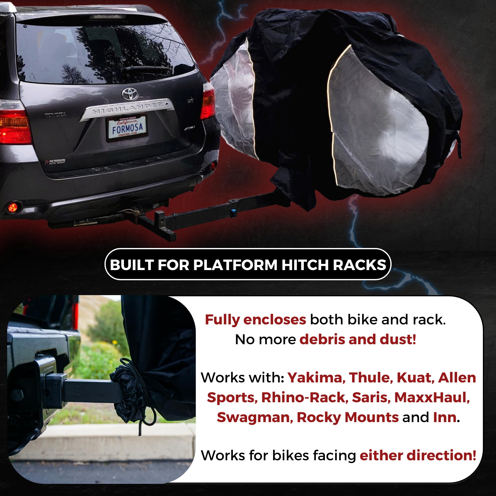 FORMOSA Heavy Duty Waterproof Bike Cover for Travel & Transport - Universal Fit for Single, Dual, Quad Bikes - Electric Bicycle Protection Cover for Car Rack - Perfect for Road Trips, Camping & Outdoor Adventures