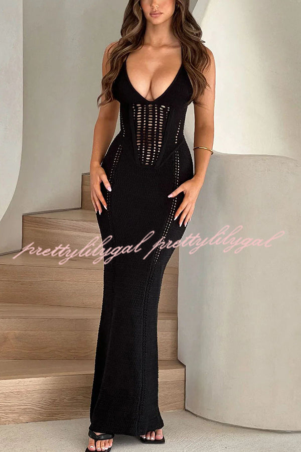 Elegant Knit Crochet Hollow Out Back Lace Up Stretch Maxi Dress for Women - Summer Beach Vacation & Boho Chic Outfit