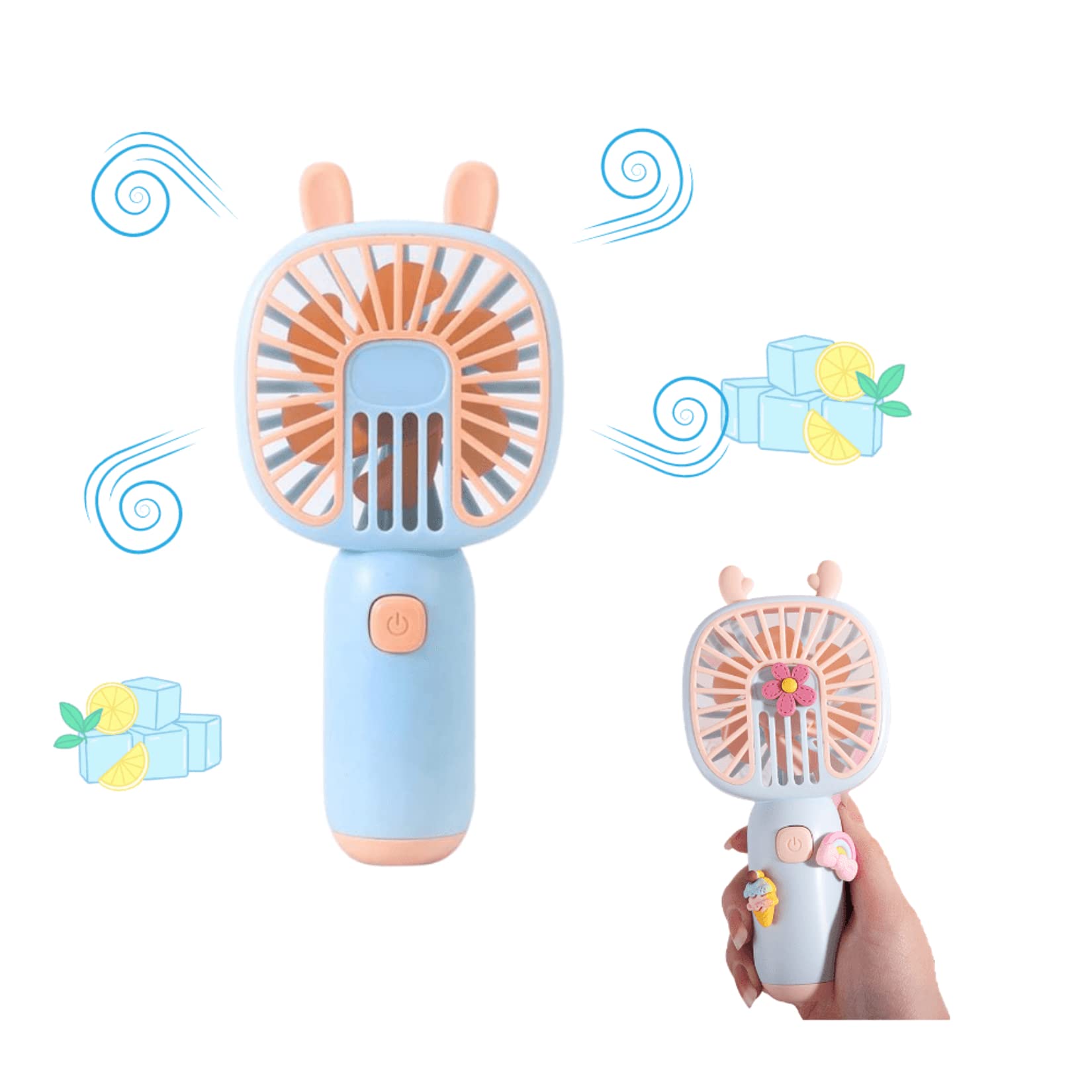 Cute Mini Handheld Personal Fan - USB Rechargeable Battery Operated Portable Fan for Kids & Teens - Bunny Ear Design in Light Blue - Perfect for School, Office, Outdoor Travel & Summer Cooling