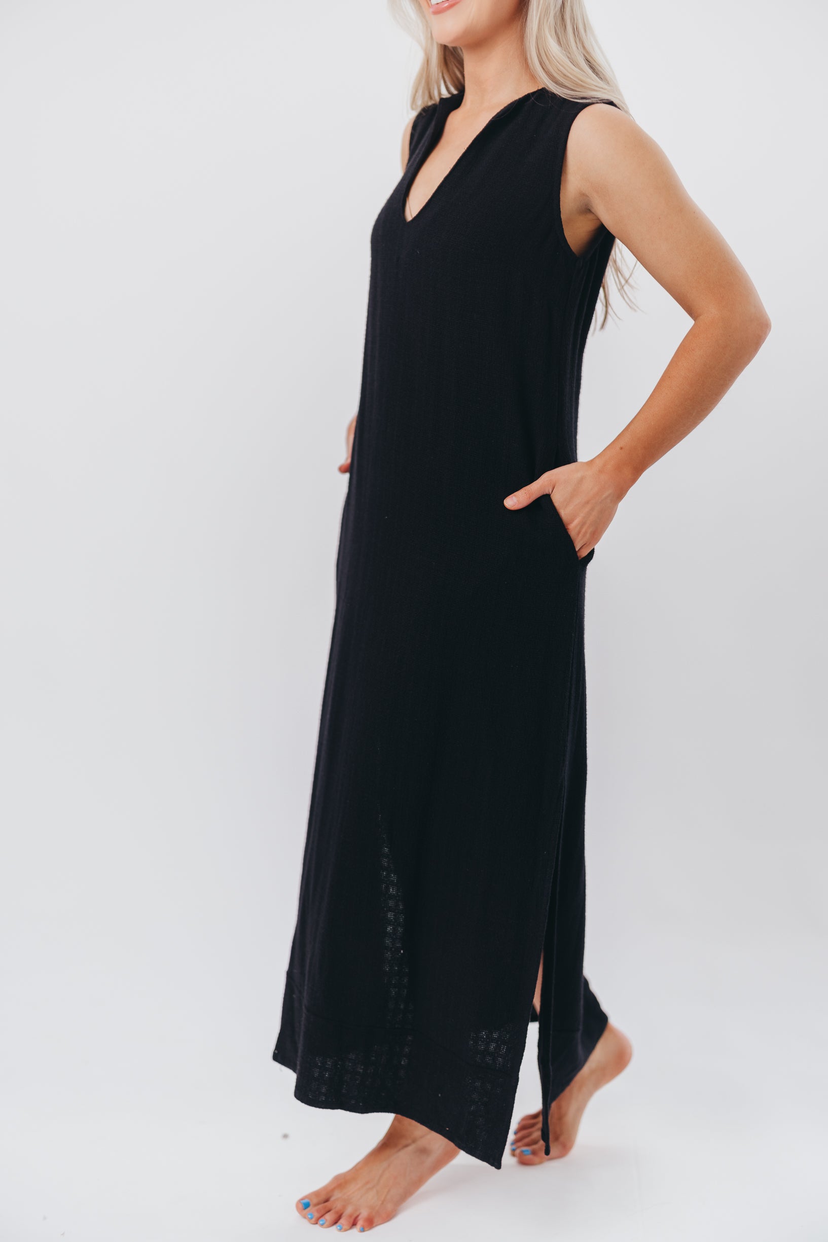 How Sweet It Is Sleeveless Linen Blend Maxi Dress in Black - Bump Friendly Maternity Wear for Summer Beach Vacations & Casual Outings