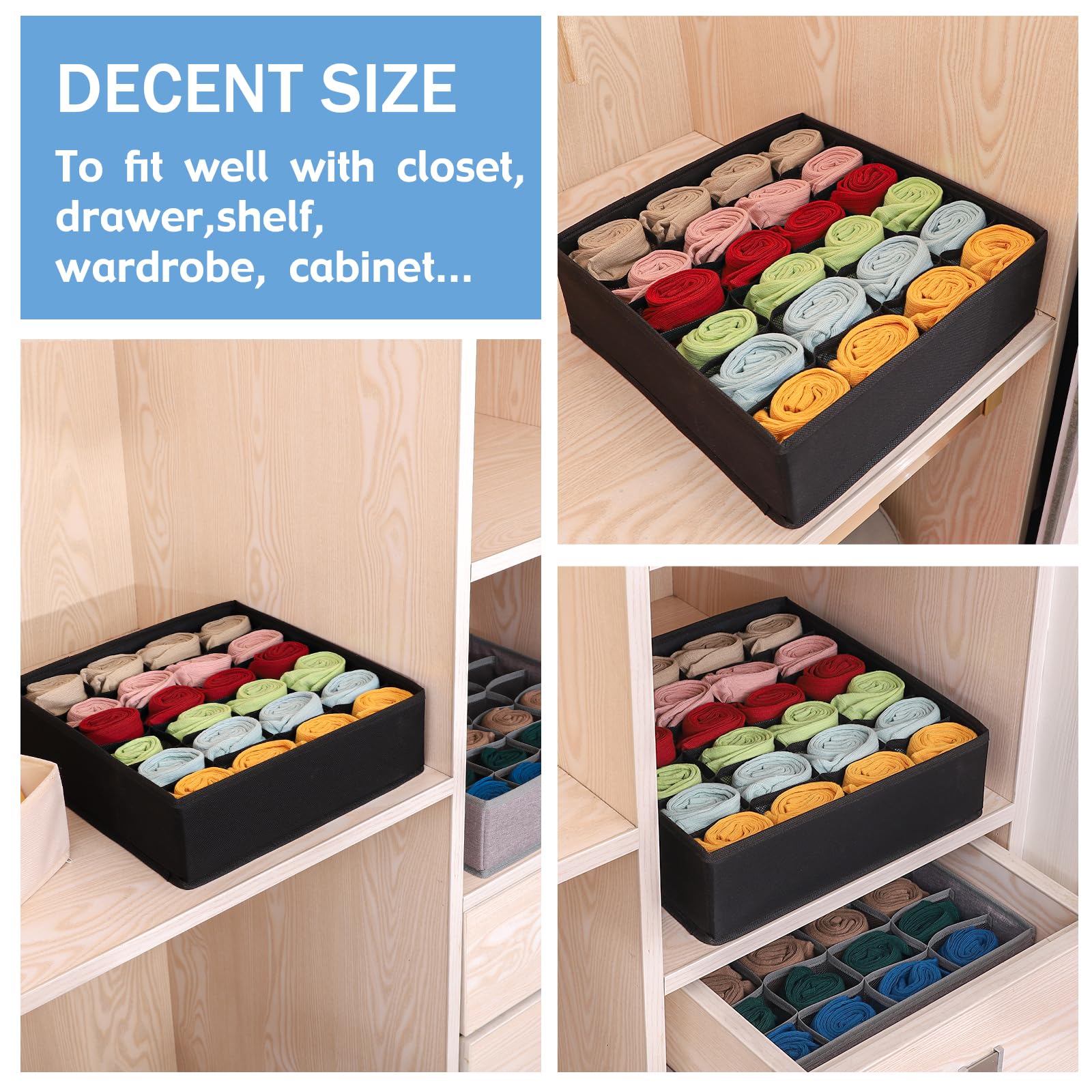 Foldable Fabric Storage Cubes - 24-Cell Underwear Organizer Drawer Dividers for Lingerie, Socks & Ties | Under Cabinet Closet Organizer (Black) | Perfect for Bedroom, Closet & Travel Storage