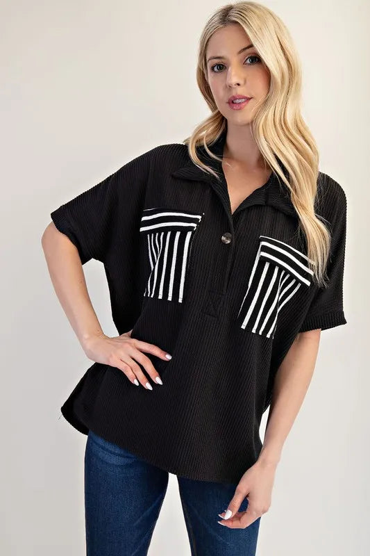 Celeste Plus Size Full-Length Rib Knit Collared Top with Striped Pockets - Black & White Stripes | Casual Office Wear & Weekend Outfits