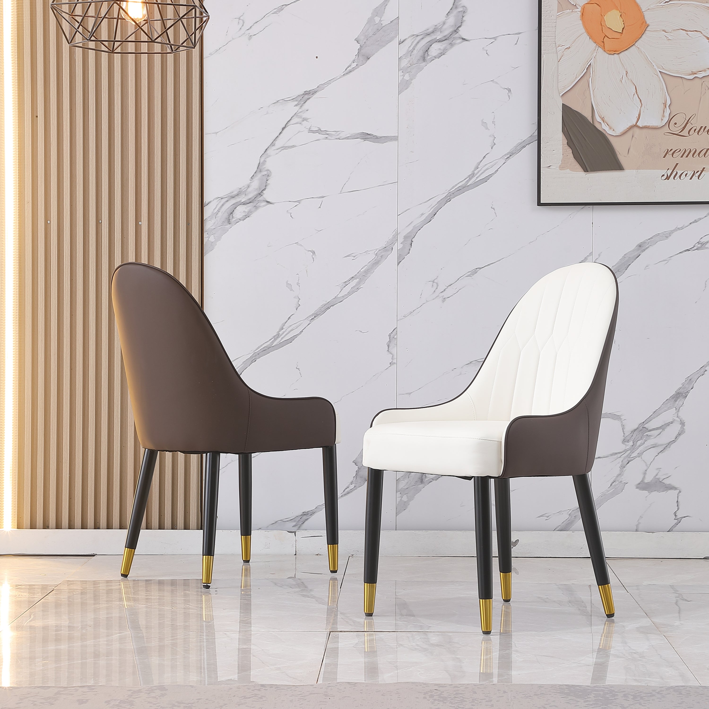 Modern PU Leather Dining Chairs Set of 2 - White Upholstery with Brown Metal Legs - Perfect for Kitchen, Dining Room & Breakfast Nook