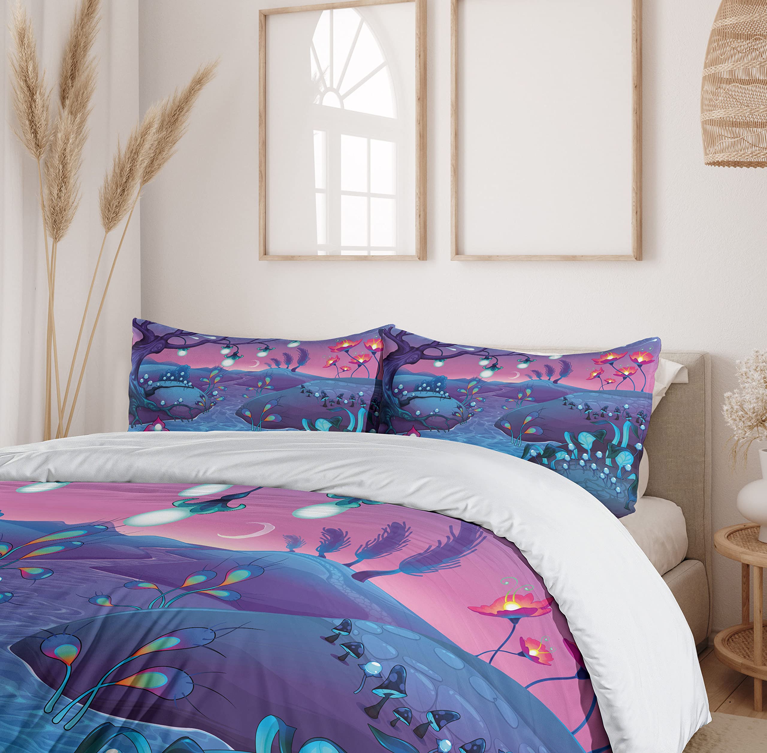 Ambesonne Mushroom Duvet Cover Set - Queen Size 3-Piece Bedding with 2 Pillow Shams | Cartoon Fantasy Night Landscape Design Featuring River, Mushrooms & Trees in Blue Fuchsia | Perfect for Kids' Rooms, Themed Bedrooms & Cozy Home Decor