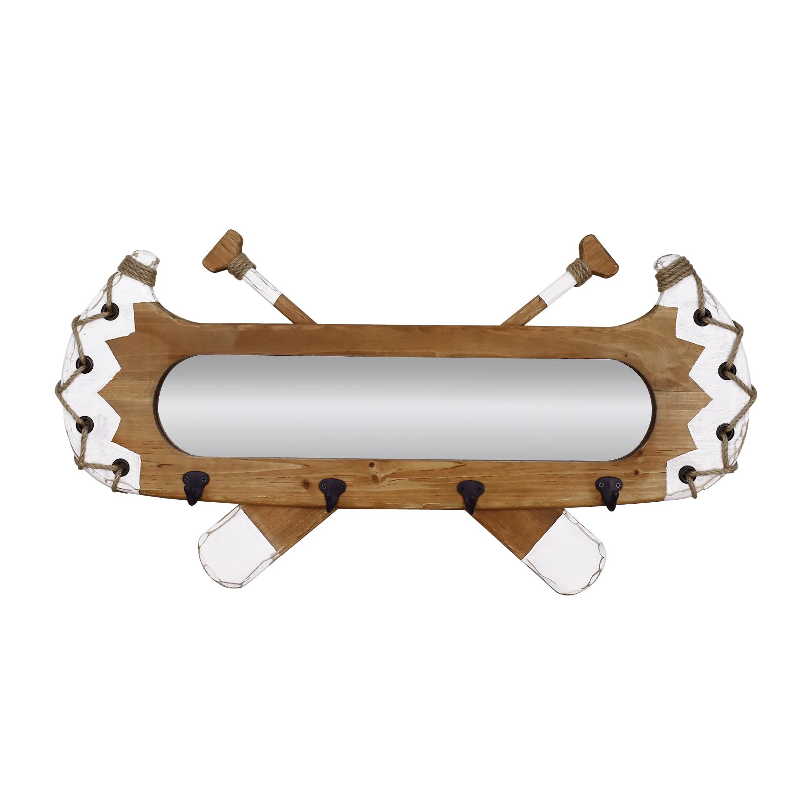 Rustic Wood Framed Wall Mirror with Hooks - 31.5