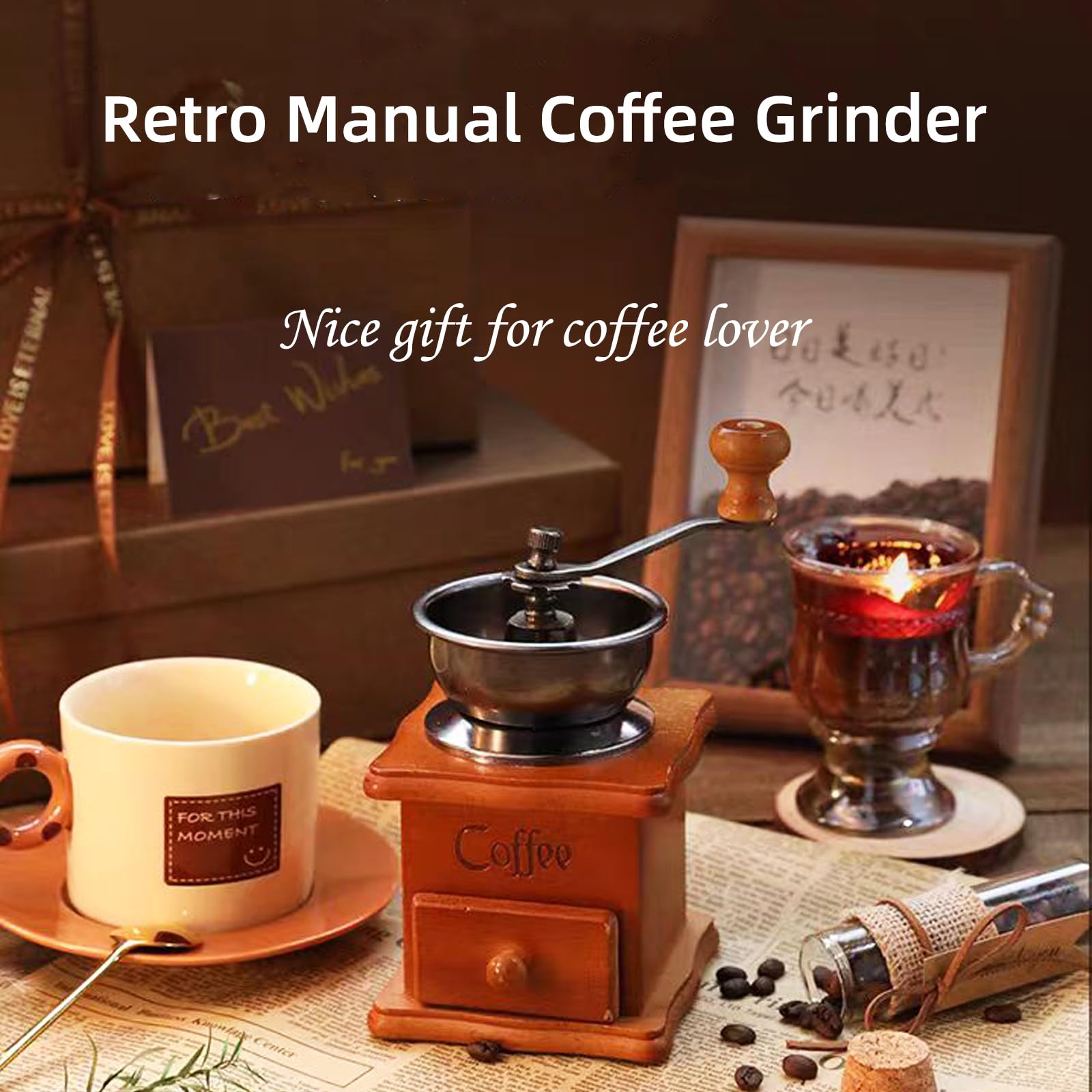 Premium French Coffee Kit - Hand Manual Coffee Grinder & Glass Cups Set, Vintage Antique Style, Perfect Christmas Gift for Coffee Lovers (Brown) - Ideal for Home Brewing, Office Use & Holiday Gifting