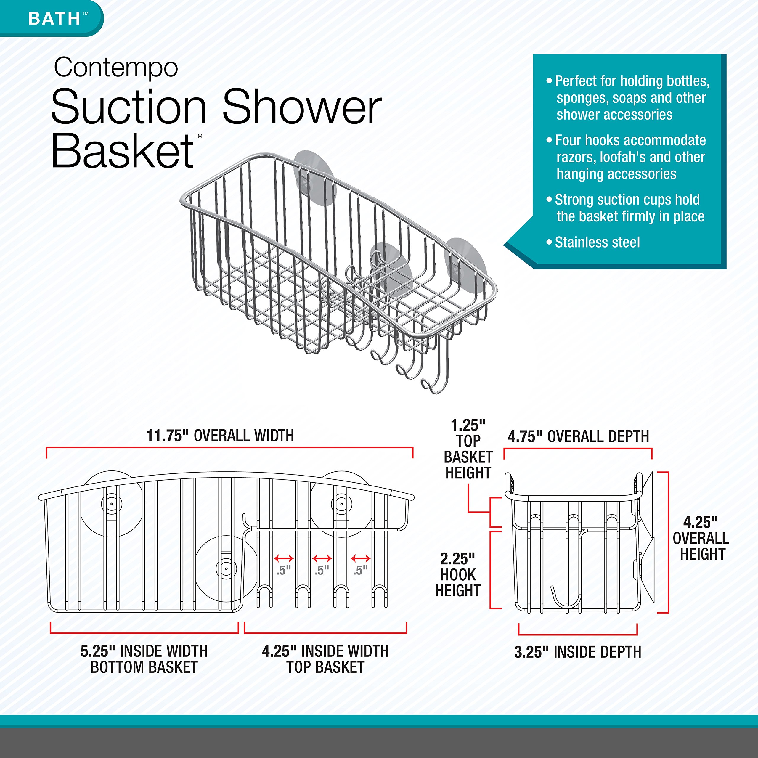 Stainless Steel Shower Caddy with Suction Cups - Bathroom Organizer for Soap, Shampoo, Razors & Loofahs - Rustproof Shower Basket with Hooks - Perfect for Small Spaces & Apartment Bathrooms